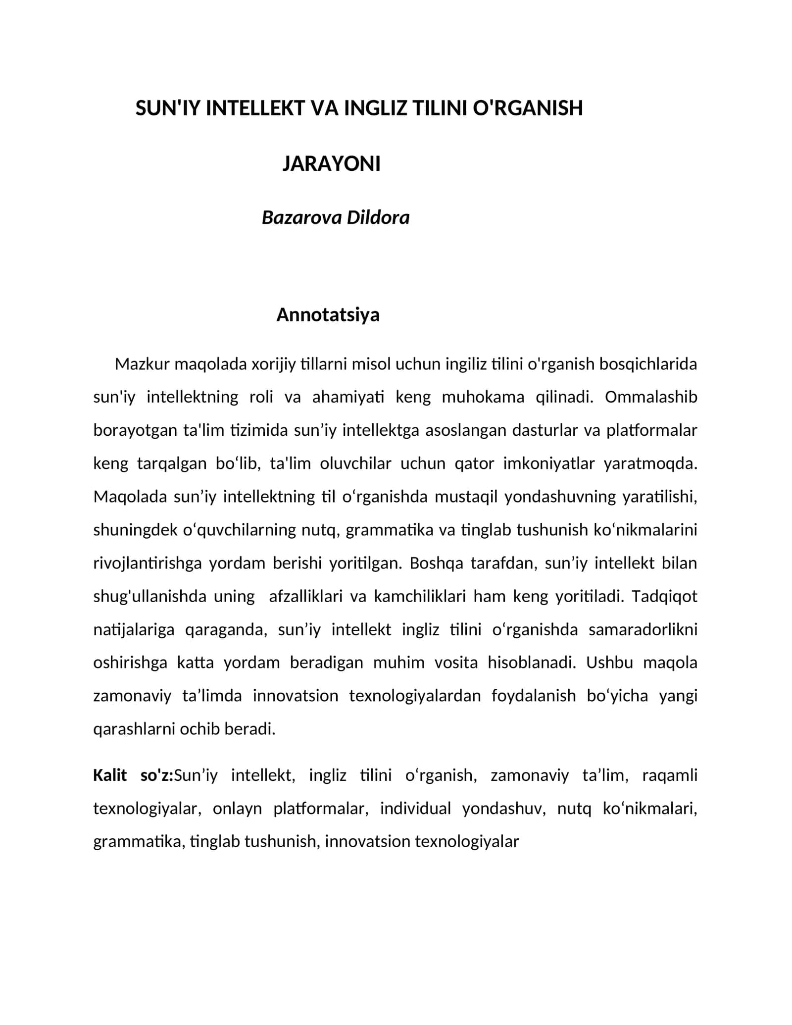 SUN'IY INTELLEKT VA INGLIZ TILINI O'RGANISH JARAYONI