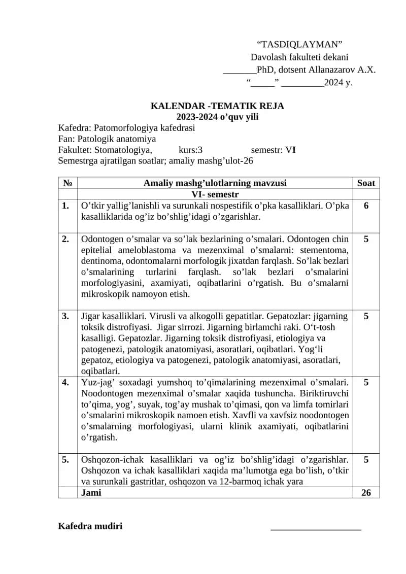 KALENDAR -TEMATIK REJA 2023-2024 o’quv yili