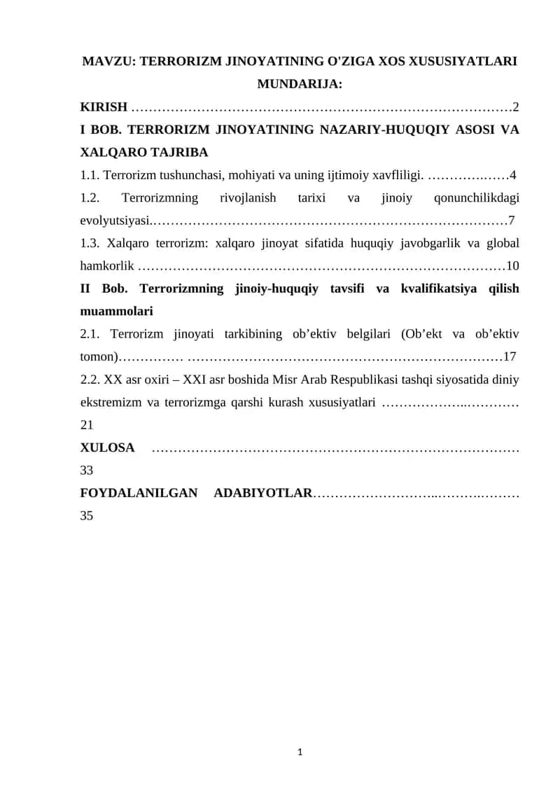 TERRORIZM JINOYATINING O'ZIGA XOS XUSUSIYATLARI