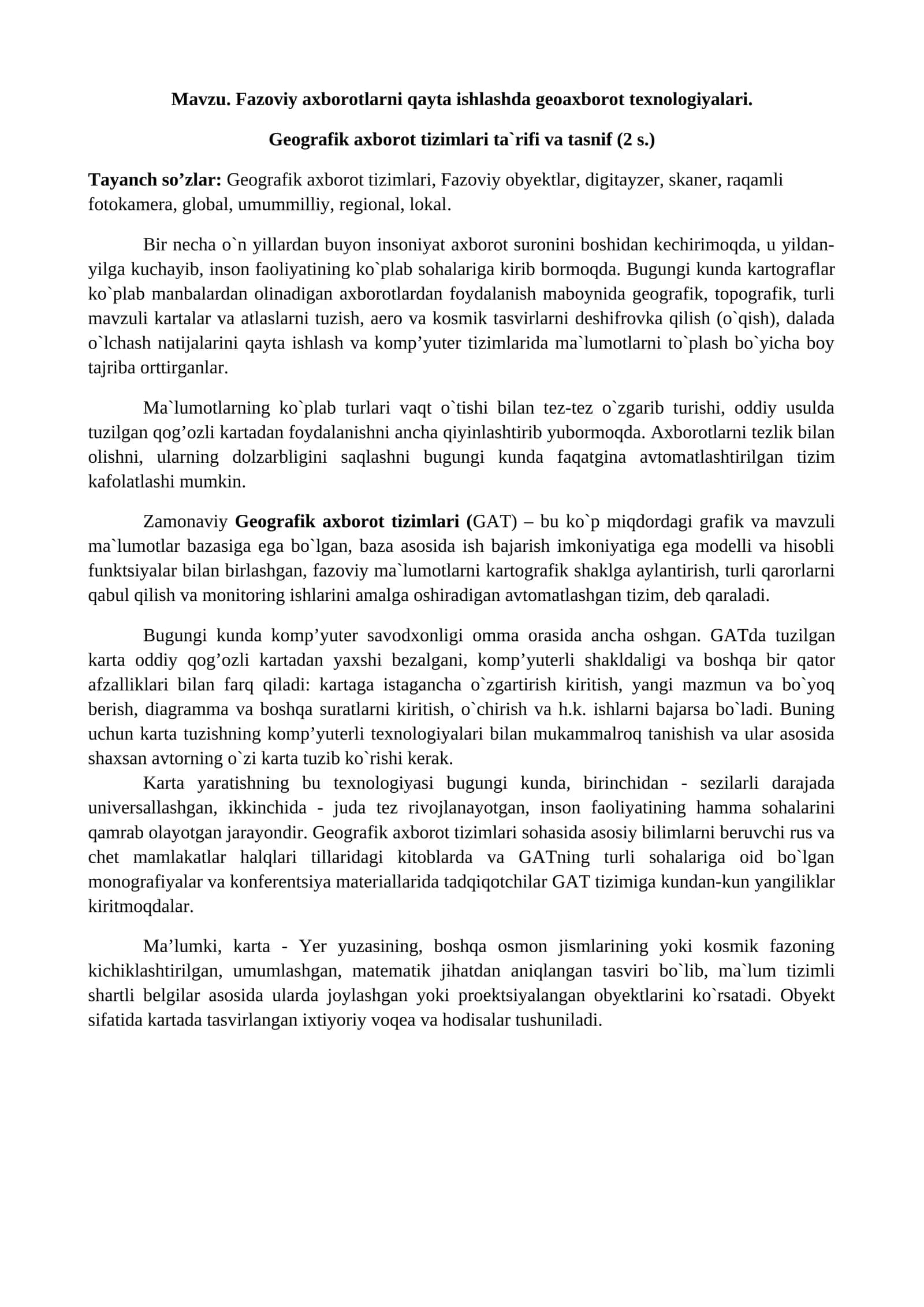 Fazoviy axborotlarni qayta ishlashda geoaxborot texnologiyalari