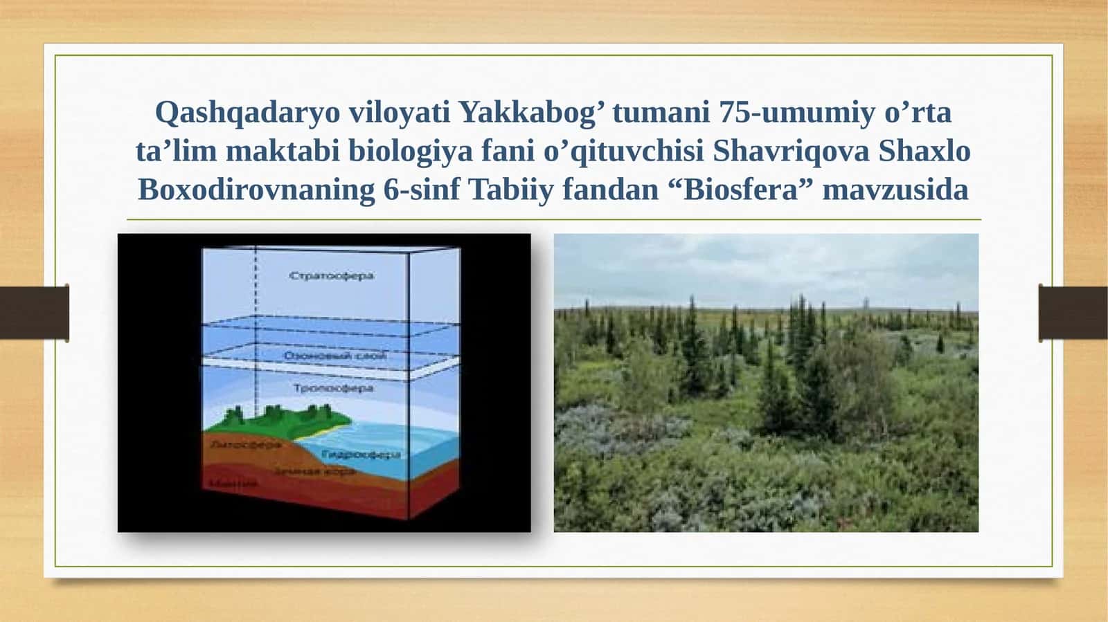 6-sinf Tabiiy fandan Biosfera mavzusida ochiq dars ishlanma