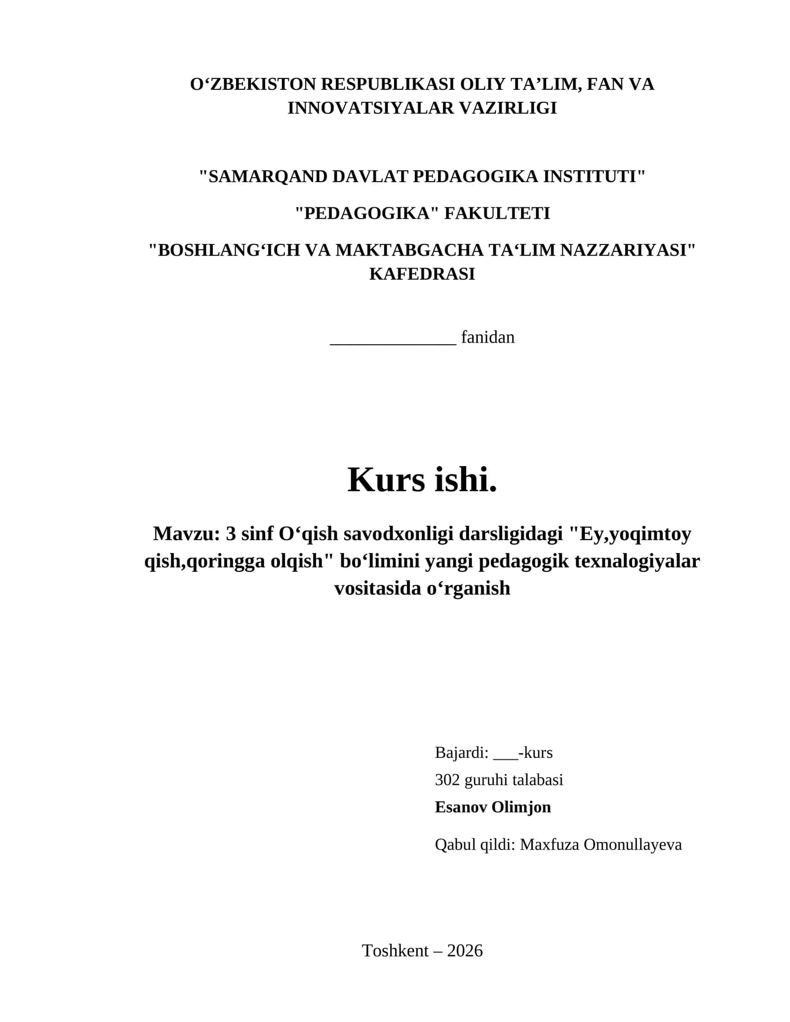 3 sinf O‘qish savodxonligi darsligidagi "Ey,yoqimtoy qish,qoringga olqish" bo‘limini yangi pedagogik texnalogiyalar vositasida o‘rganish