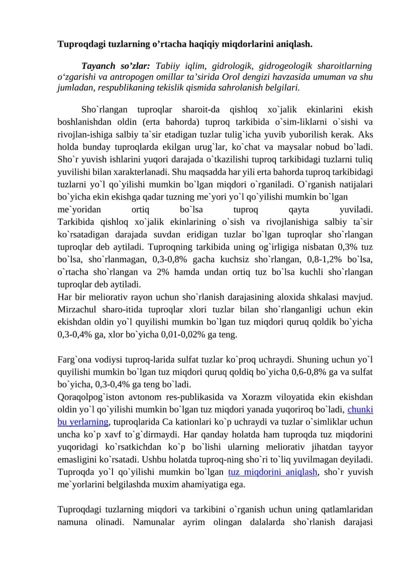 Tuproqdagi tuzlarning o’rtacha haqiqiy miqdorlarini aniqlash.