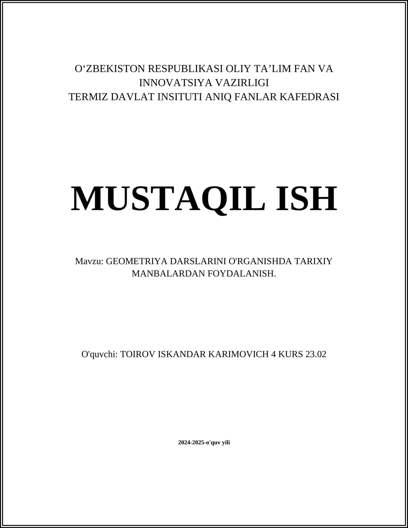 GEOMETRIYA DARSLARINI O'RGANISHDA TARIXIY MANBALARDAN FOYDALANISH