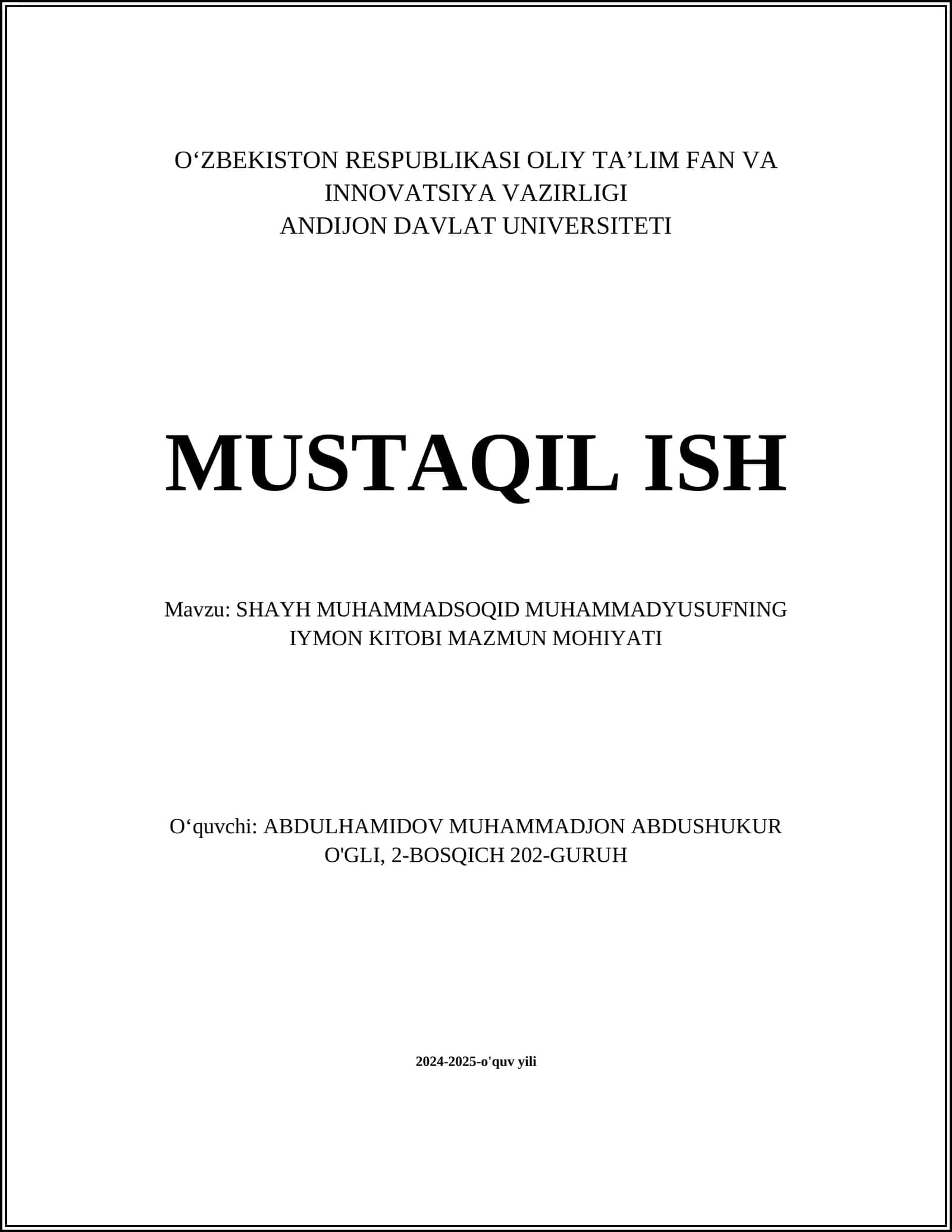 SHAYH MUHAMMADSOQID MUHAMMADYUSUFNING IYMON KITOBI MAZMUN MOHIYATI