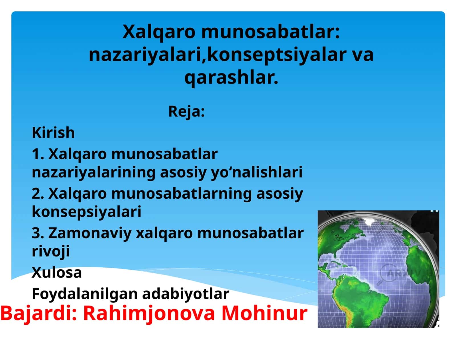 Xalqaro munosabatlar nazariyalari,konseptsiyalar va qarashlar.