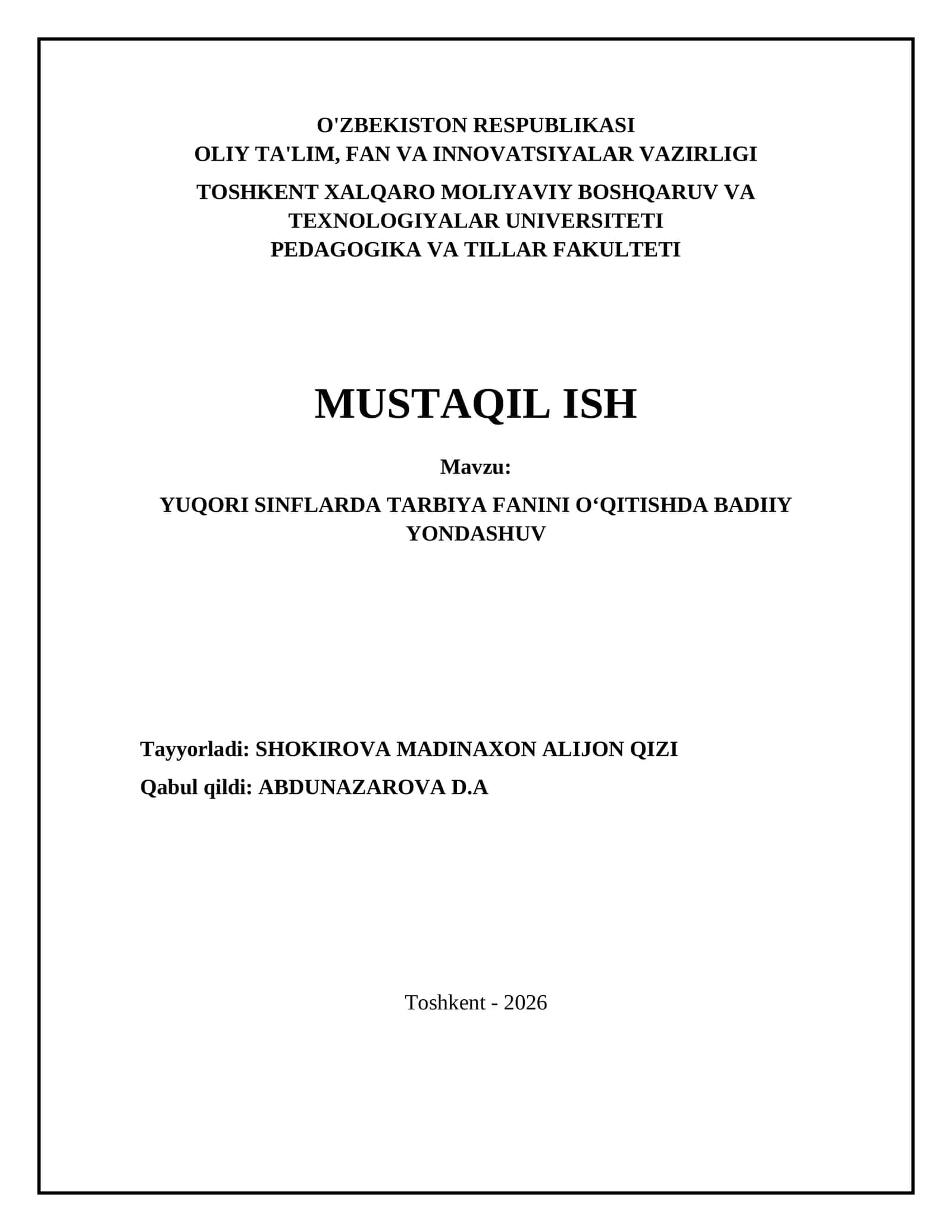 YUQORI SINFLARDA TARBIYA FANINI OʻQITISHDA BADIIY YONDASHUV