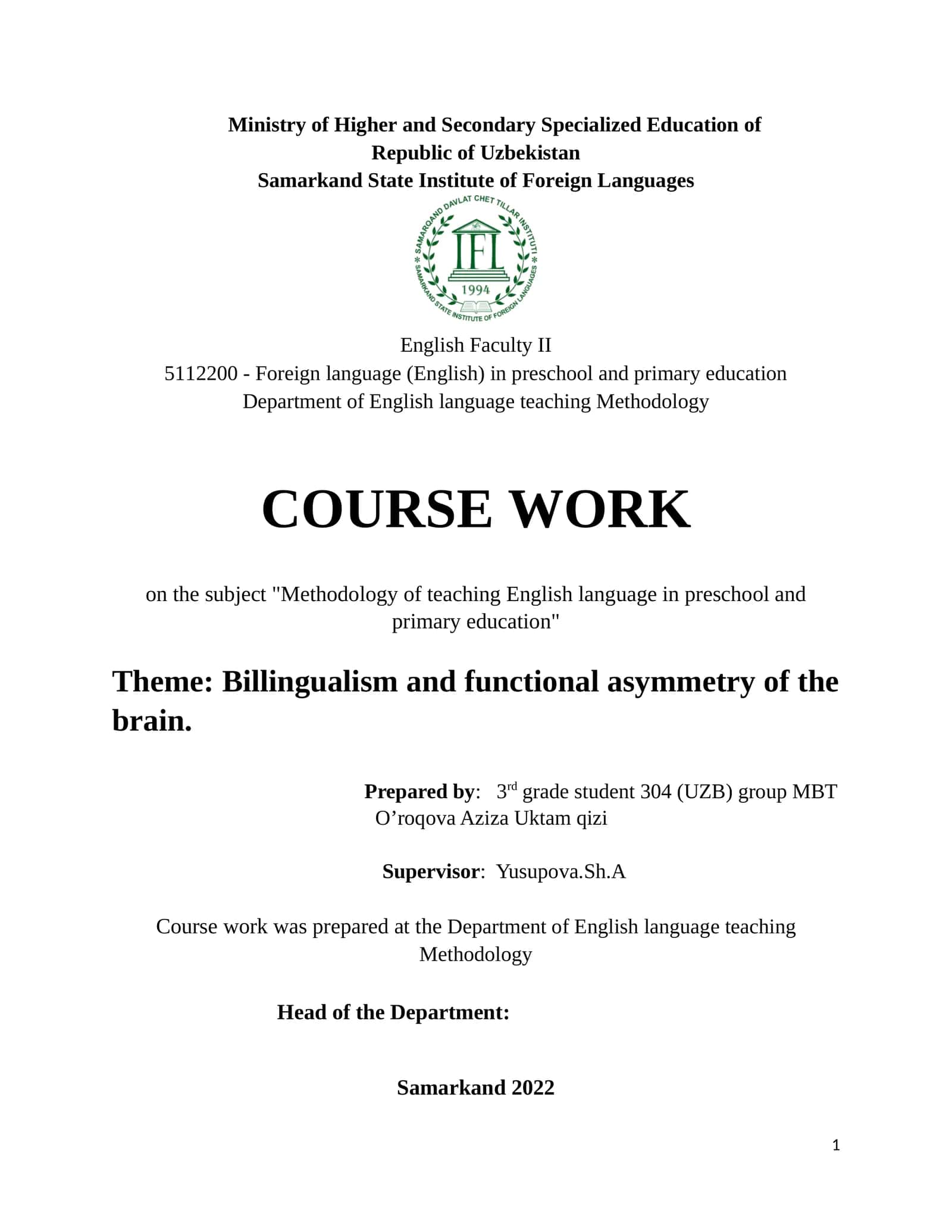 Billingualism and Functional Asymmetry of the Brain