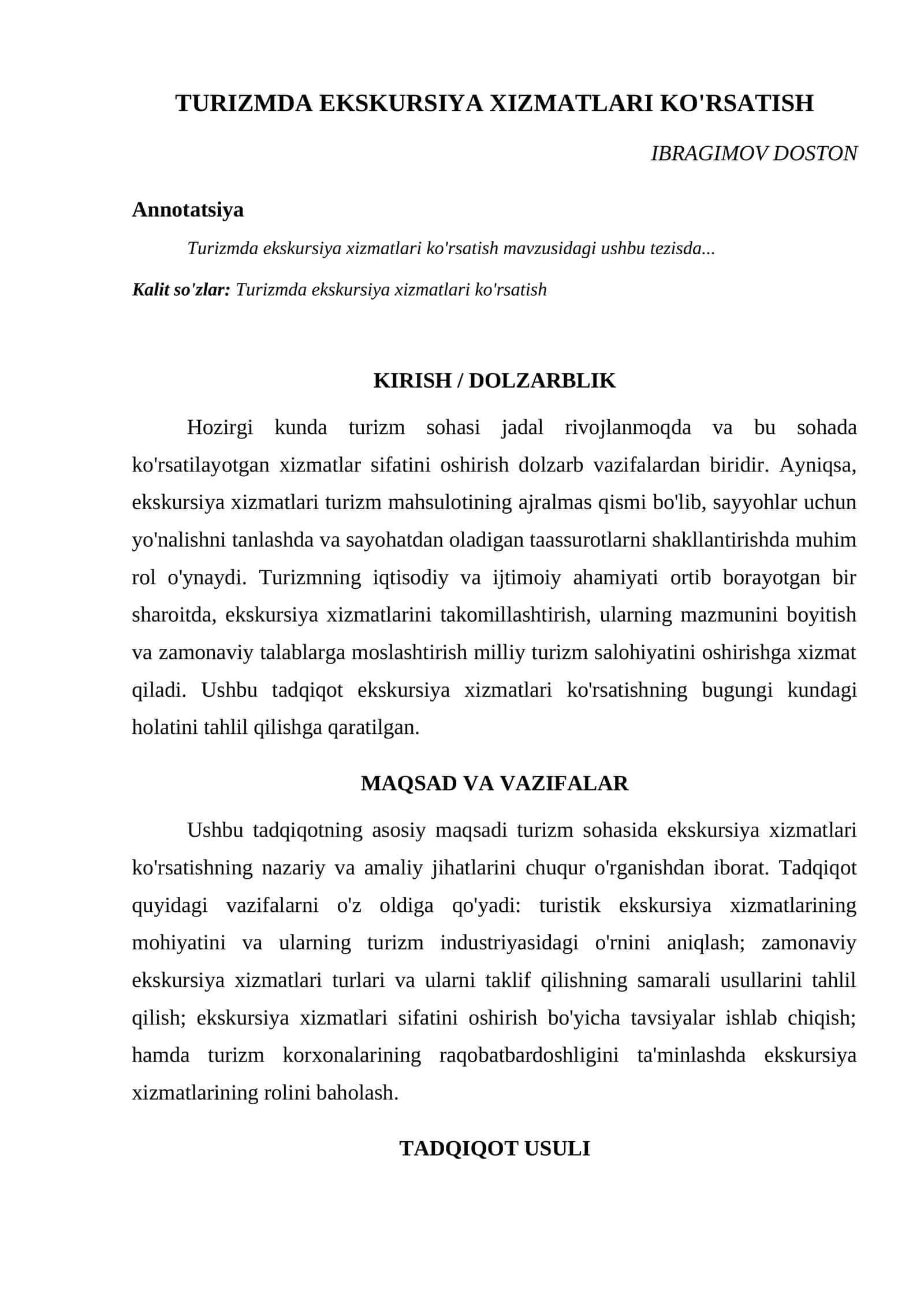 TURIZMDA EKSKURSIYA XIZMATLARI KO'RSATISH