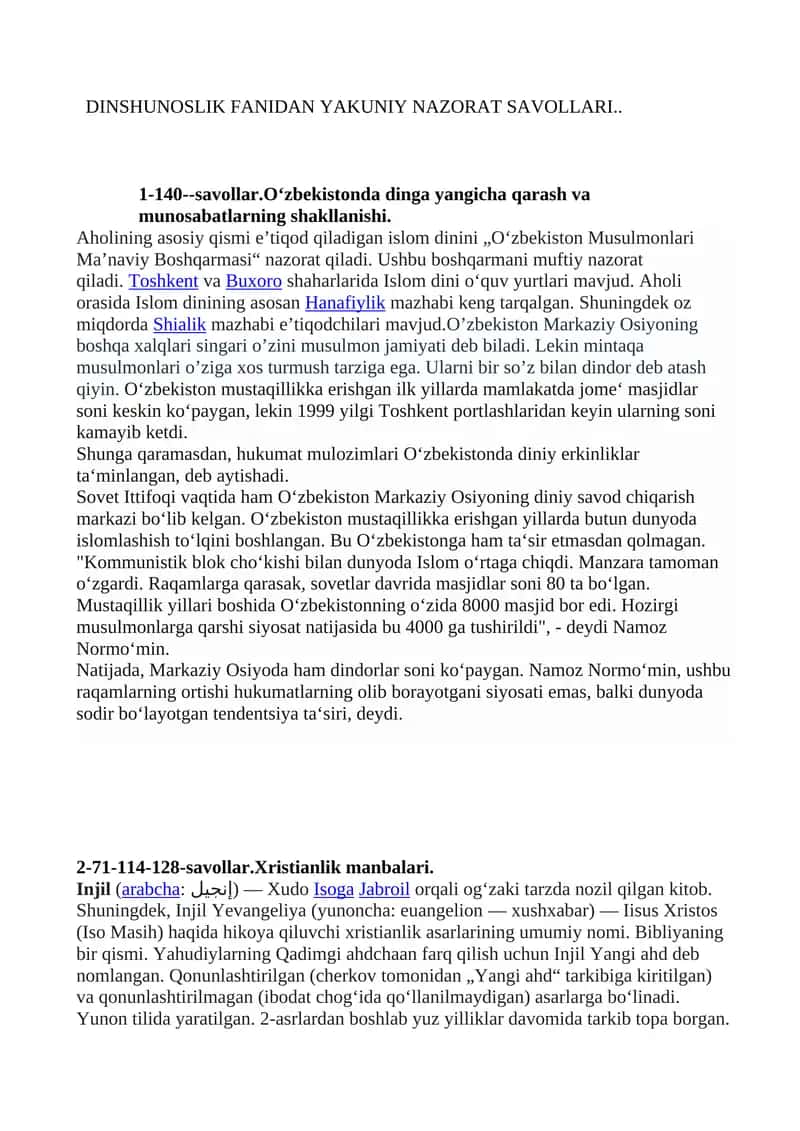 DINSHUNOSLIK FANIDAN YAKUNIY NAZORAT SAVOLLARI