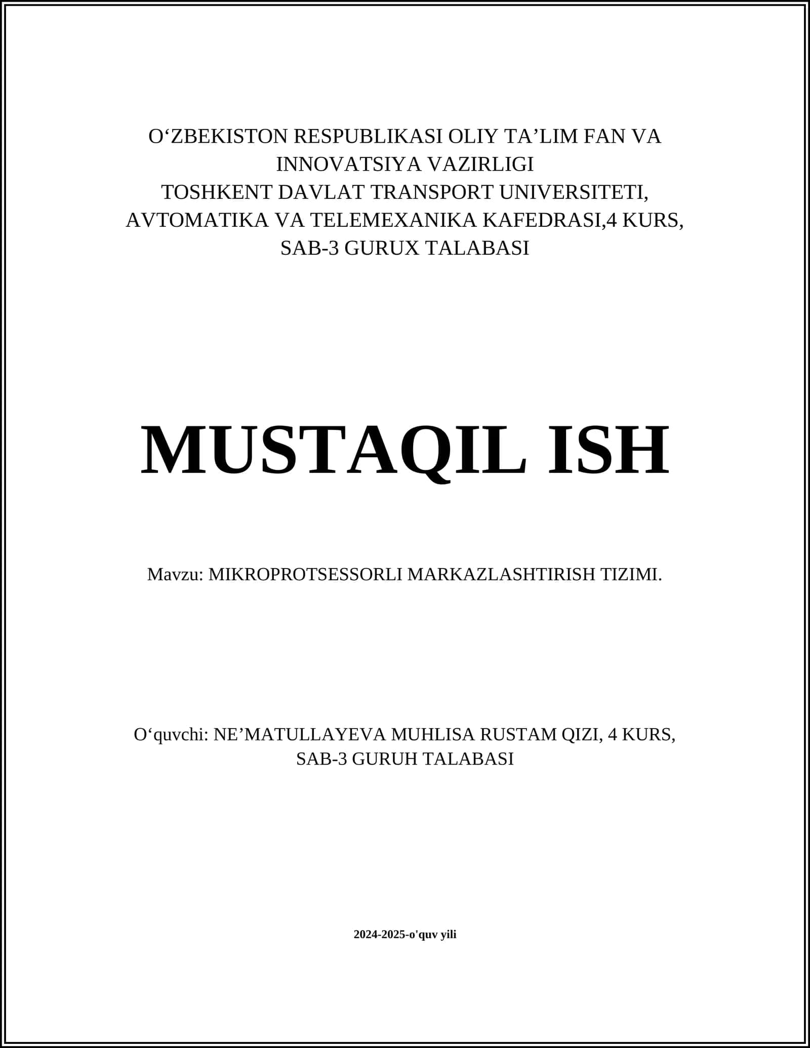 MIKROPROTSESSORLI MARKAZLASHTIRISH TIZIMI