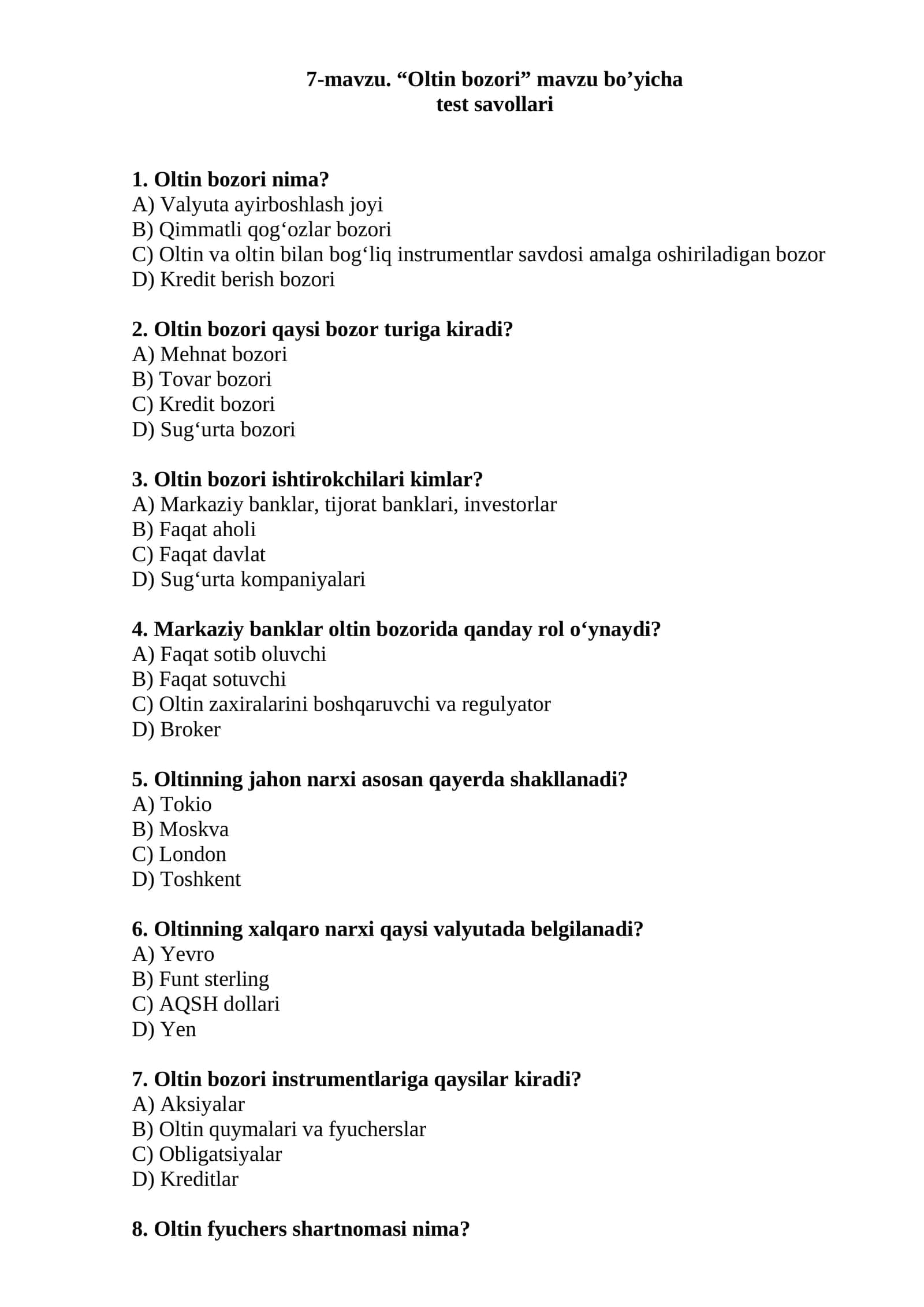 Oltin bozori test savollari