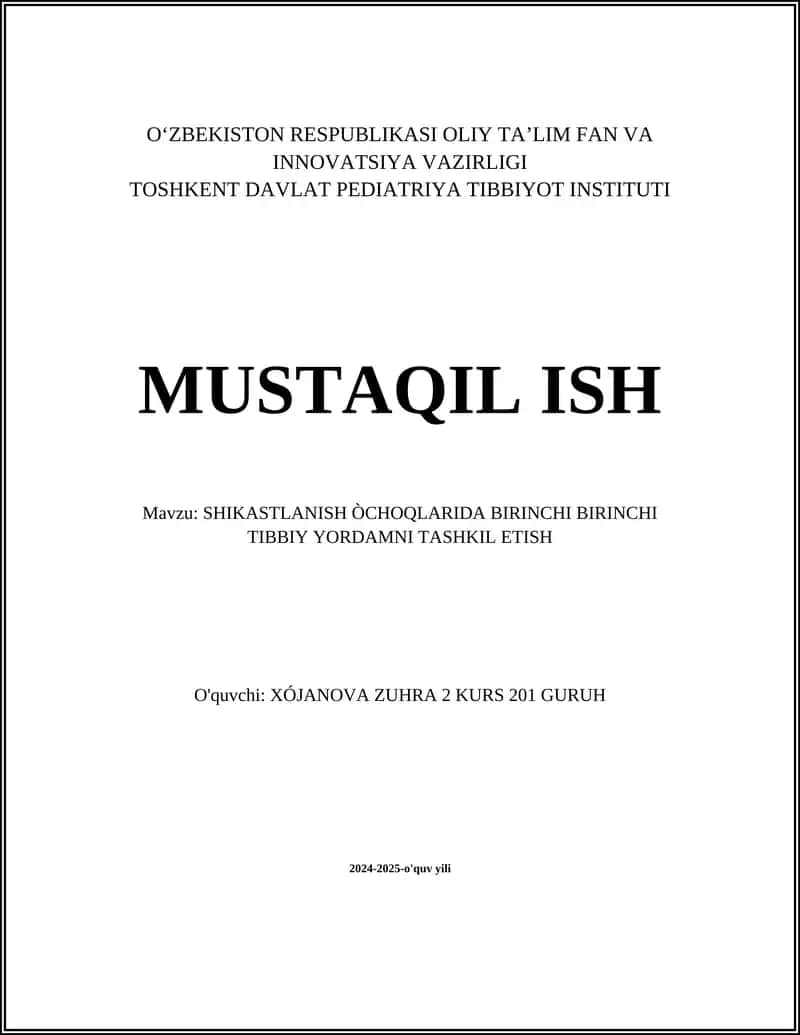 SHIKASTLANISH ÒCHOQLARIDA BIRINCHI BIRINCHI TIBBIY YORDAMNI TASHKIL ETISH