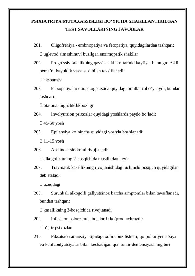 PSIXIATRIYA MUTAXASSISLIGI BOʻYICHA SHAKLLANTIRILGAN TEST SAVOLLARINING JAVOBLAR