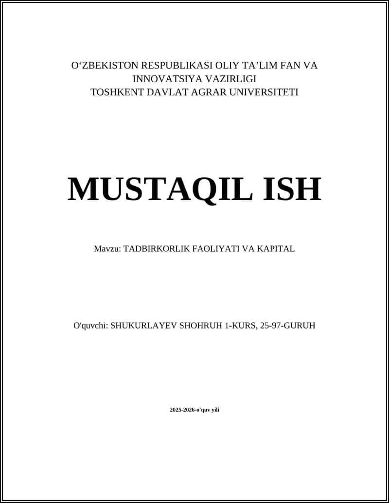 TADBIRKORLIK FAOLIYATI VA KAPITAL