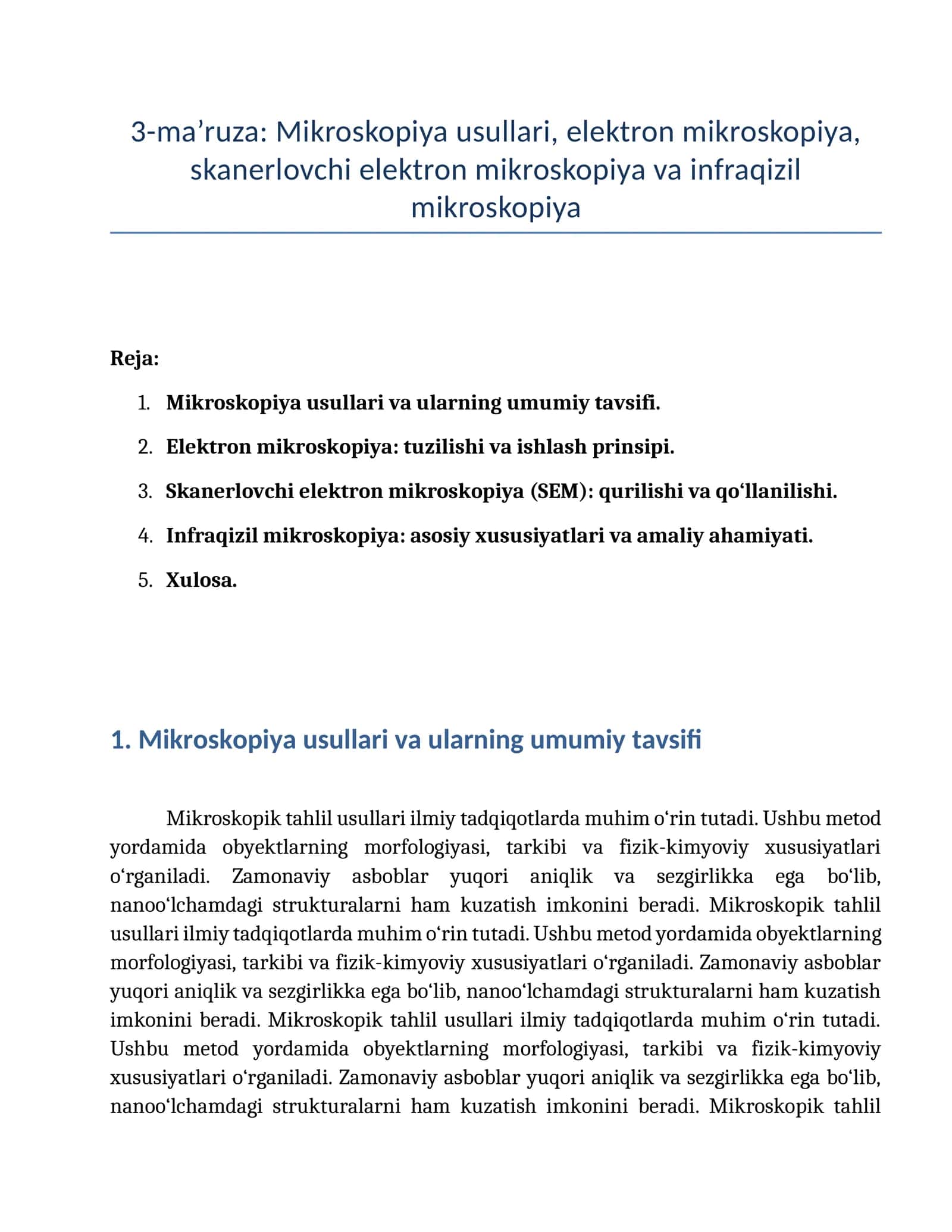 3-ma’ruza: Mikroskopiya usullari, elektron mikroskopiya, skanerlovchi elektron mikroskopiya va infraqizil mikroskopiya