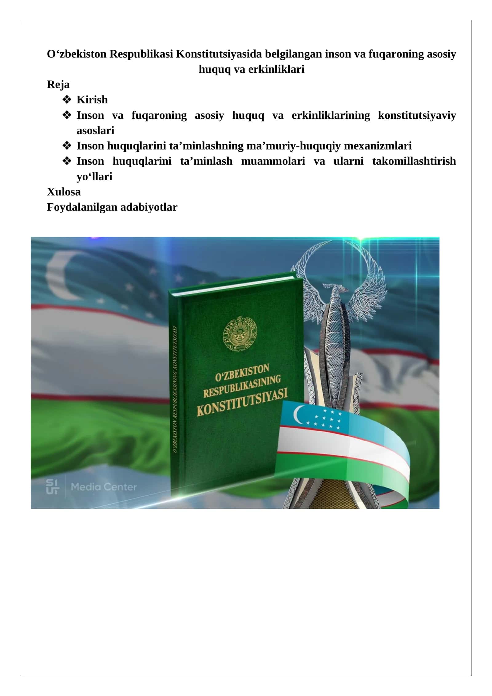 O‘zbekiston Respublikasi Konstitutsiyasida belgilangan inson va fuqaroning asosiy huquq va erkinliklari