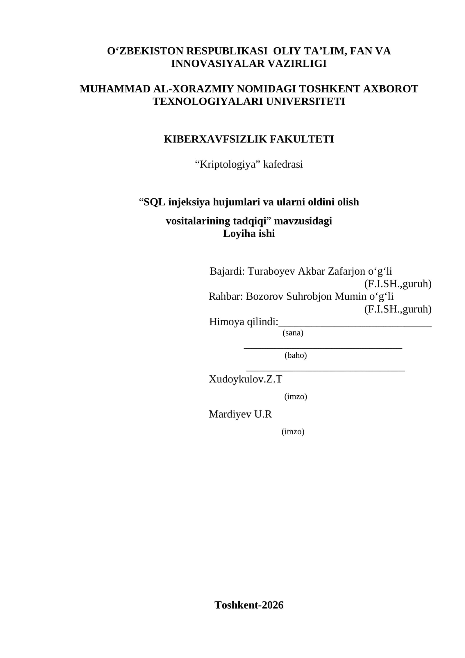 SQL injeksiya hujumlari va ularni oldini olish vositalarining tadqiqi