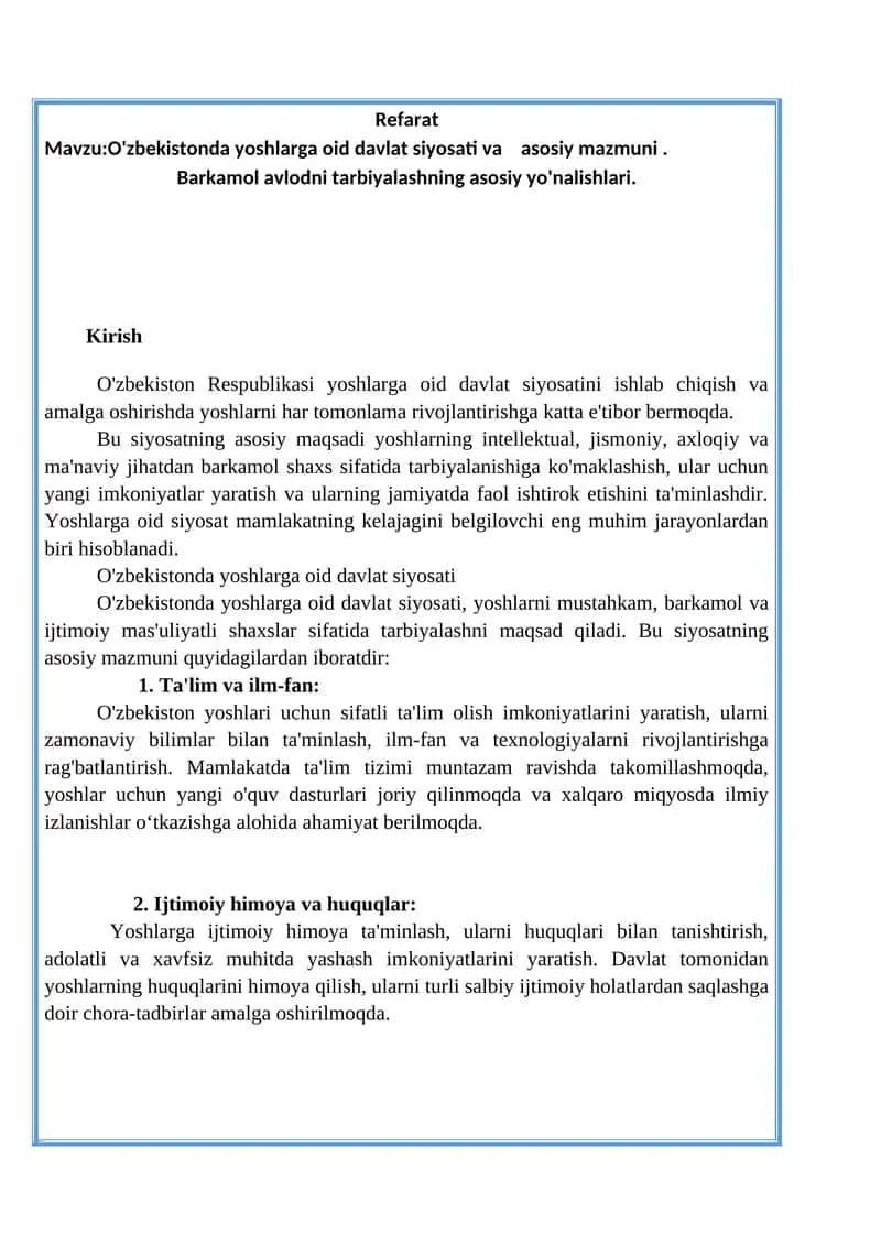 O'zbekistonda yoshlarga oid davlat siyosati va asosiy mazmuni