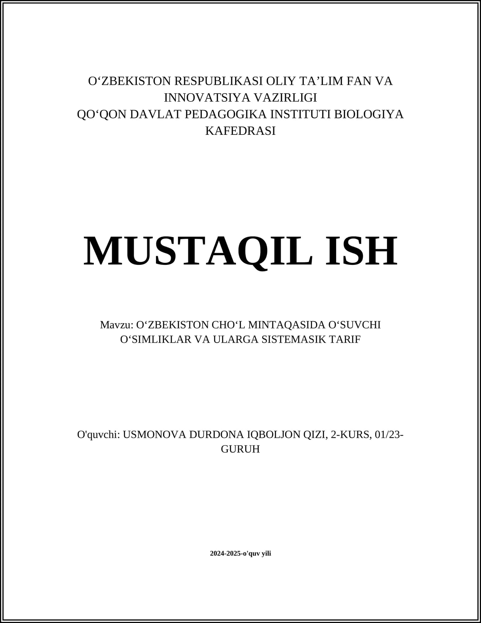 OʻZBEKISTON CHOʻL MINTAQASIDA OʻSUVCHI OʻSIMLIKLAR VA ULARGA SISTEMASIK TARIF