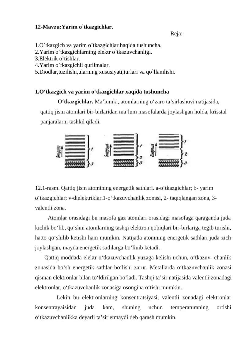 12-Mavzu: Yarim o`tkazgichlar