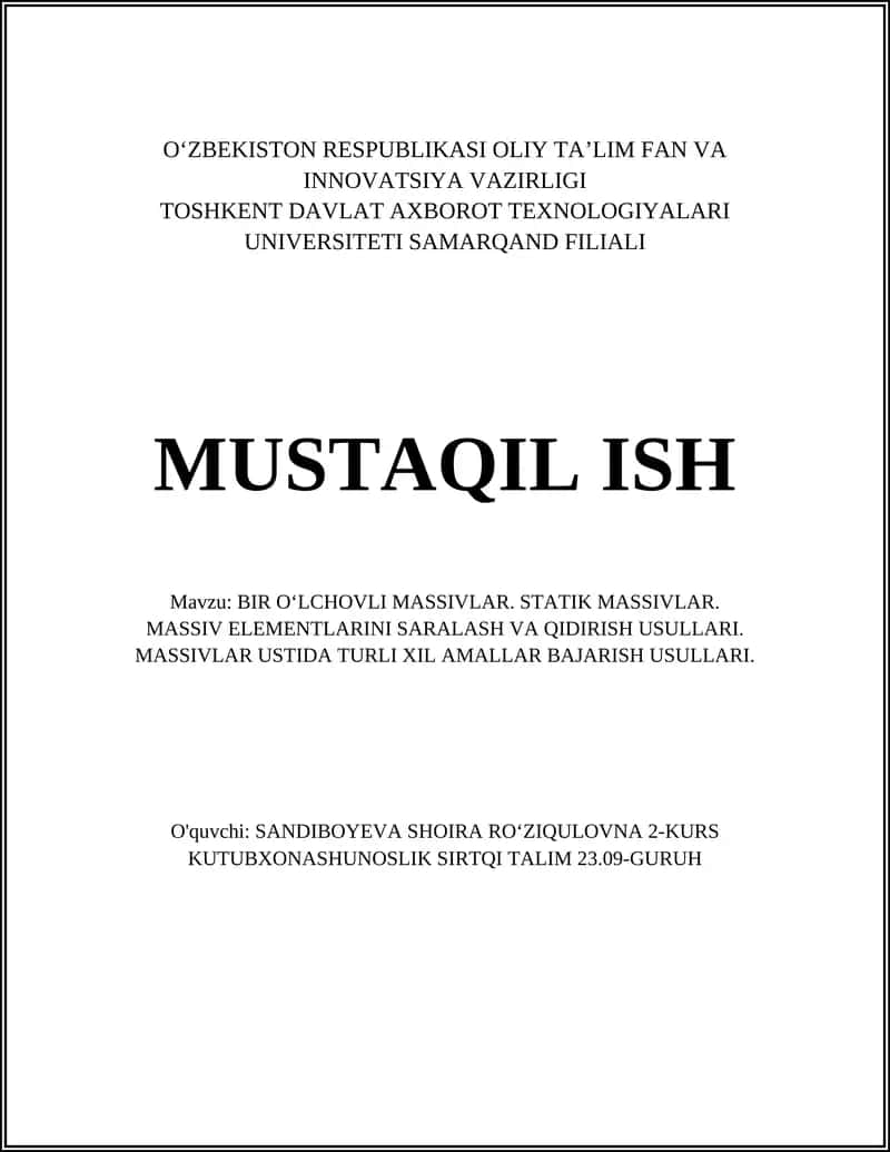 BIR OʻLCHOVLI MASSIVLAR