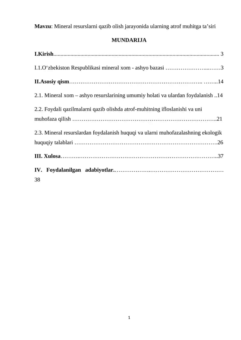 Mineral resurslarni qazib olish jarayonida ularning atrof muhitga ta’siri