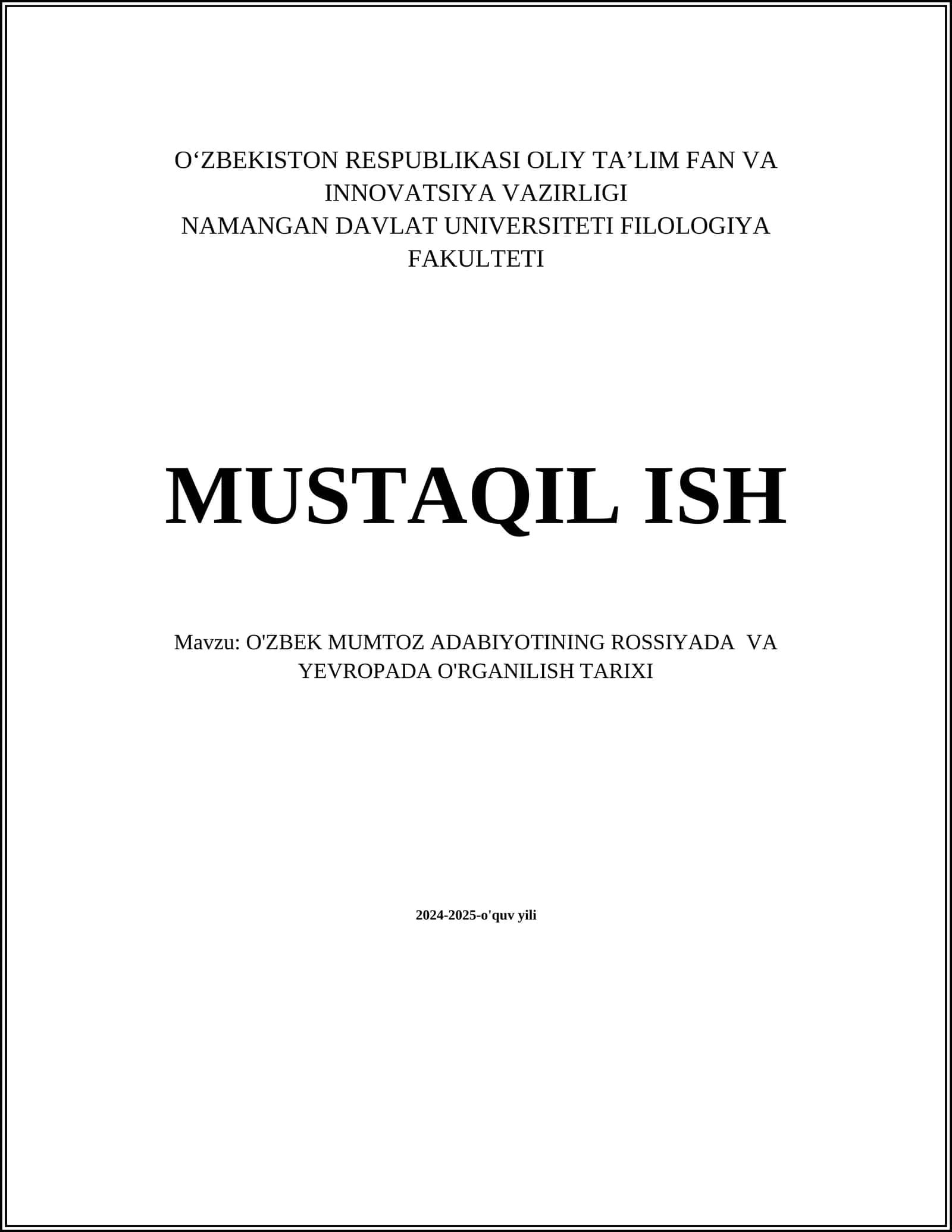 O'ZBEK MUMTOZ ADABIYOTINING ROSSIYADA VA YEVROPADA O'RGANILISH TARIXI