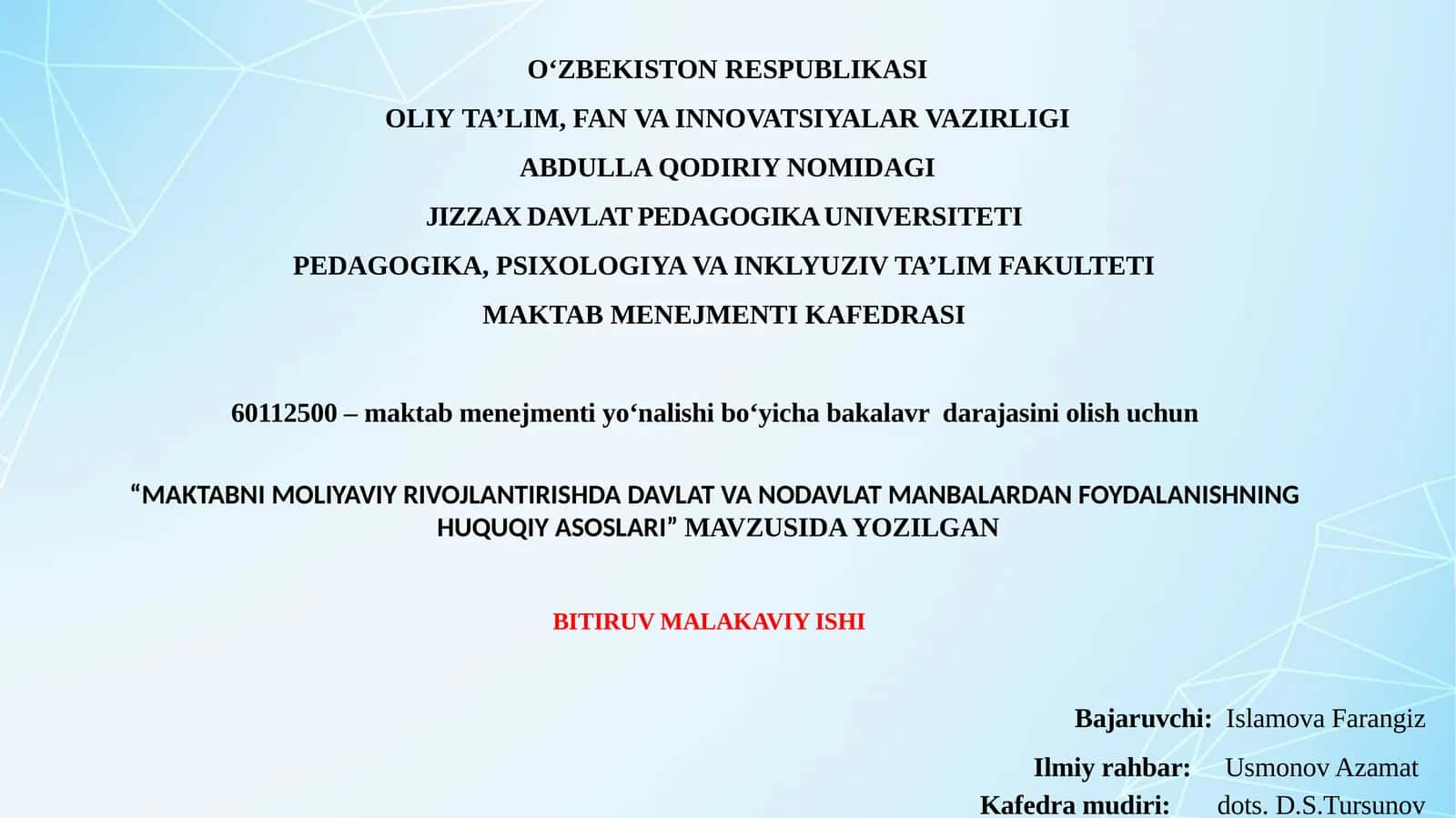 "MAKTABNI MOLIYAVIY RIVOJLANTIRISHDA DAVLAT VA NODAVLAT MANBALARDAN FOYDALANISHNING HUQUQIY ASOSLARI"