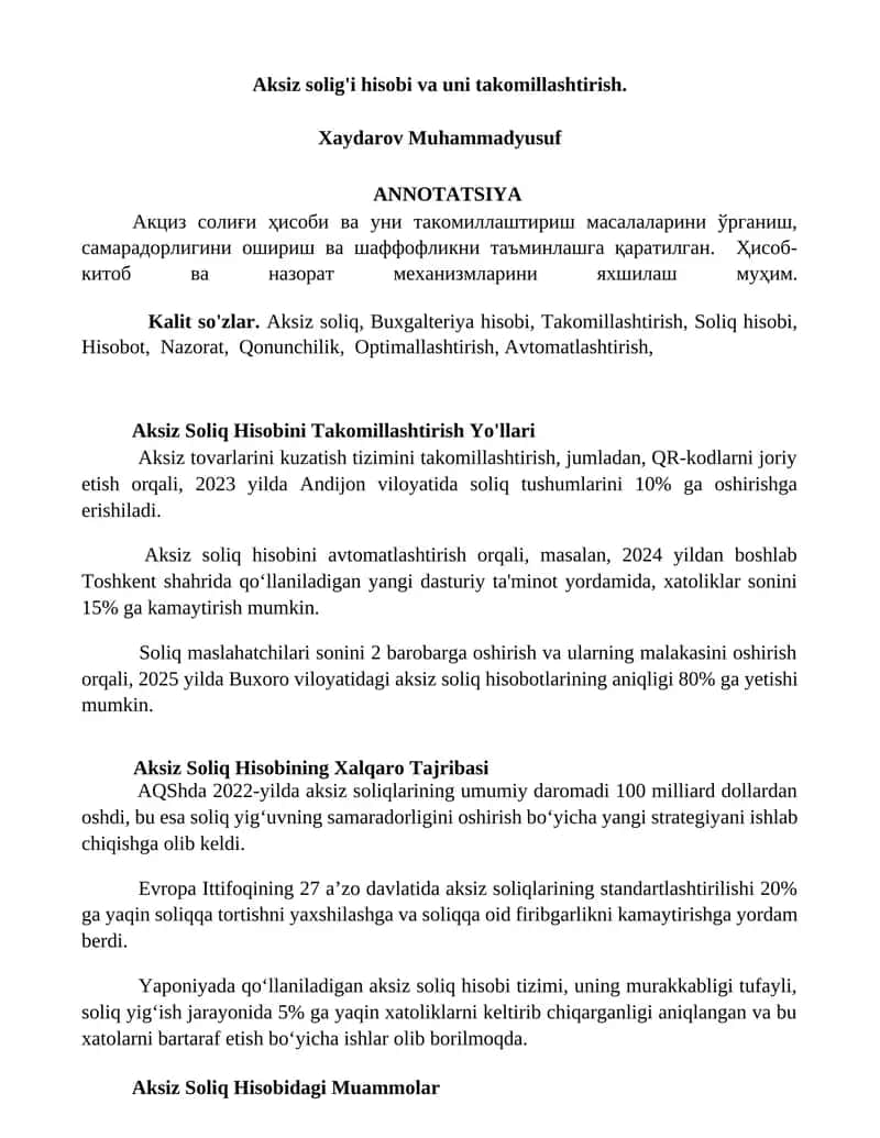 Aksiz Soliq Hisobini Takomillashtirish Yo'llari