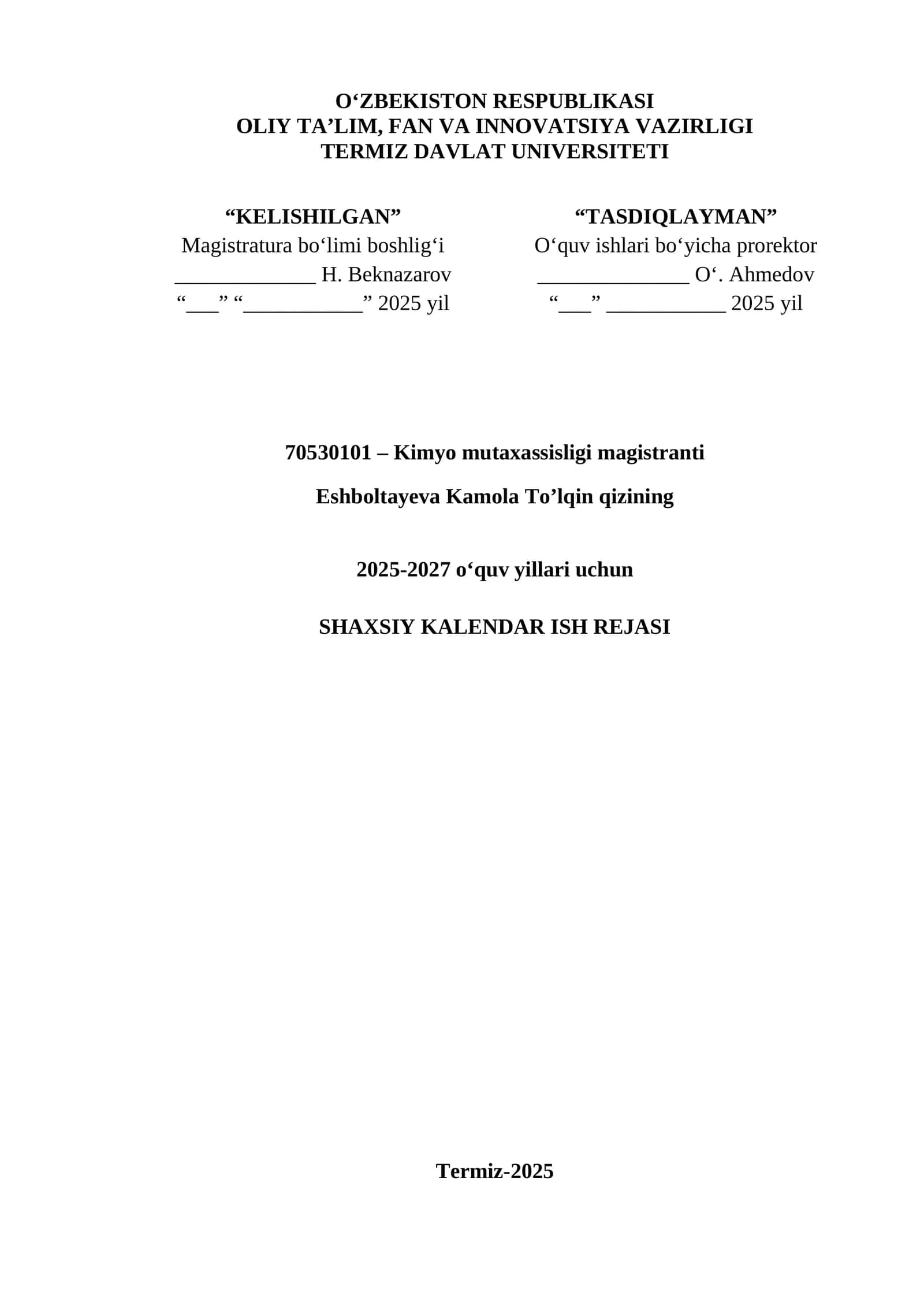 Kimyo mutaxassisligi magistranti 2025 yil