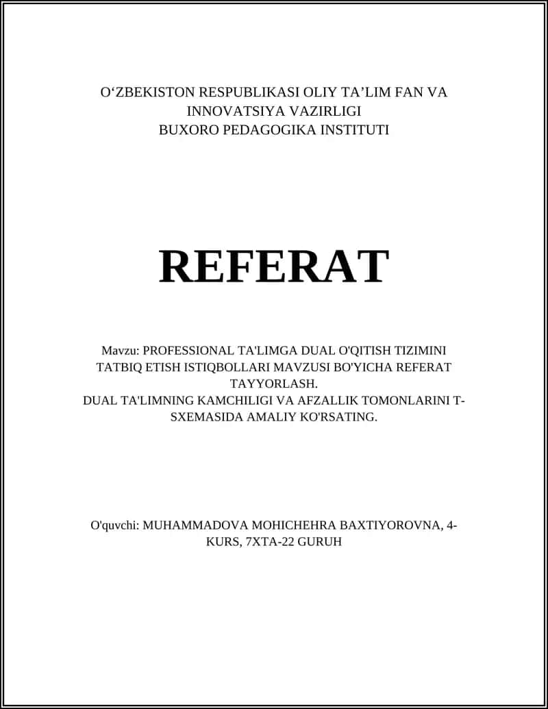 PROFESSIONAL TA'LIMGA DUAL O'QITISH TIZIMI