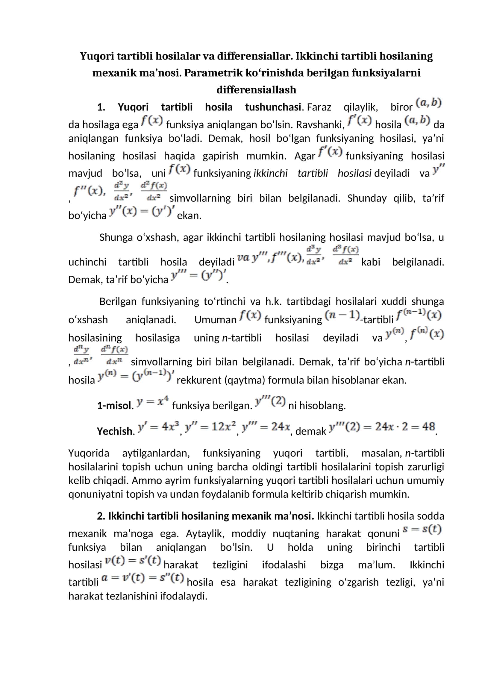 Yuqori tartibli hosilalar va differensiallar