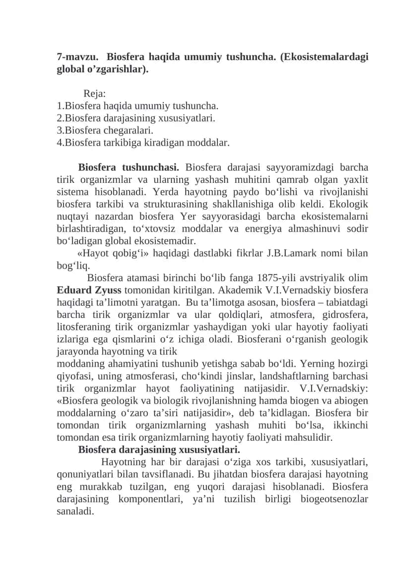 Biosfera haqida umumiy tushuncha
