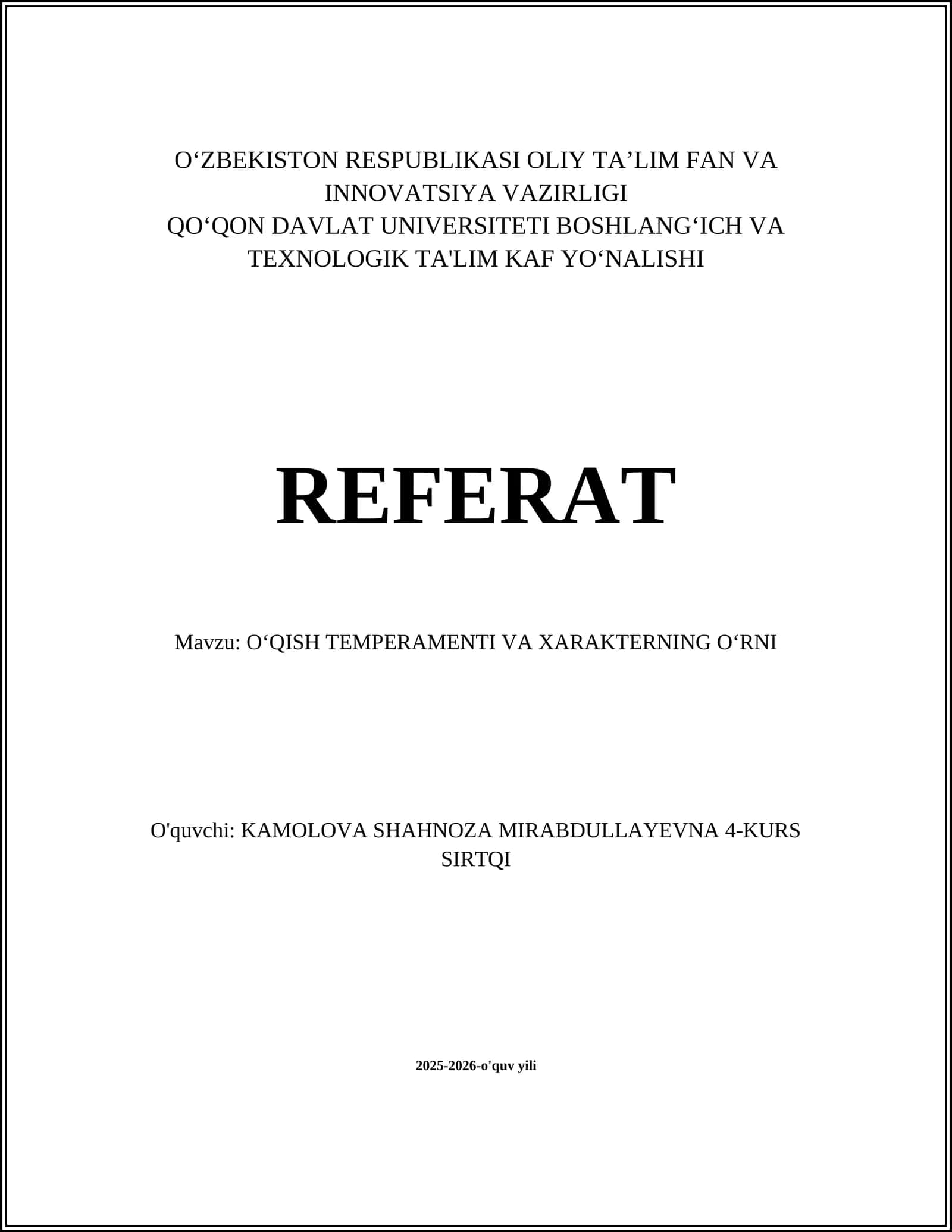 OʻQISH TEMPERAMENTI VA XARAKTERNING OʻRNI