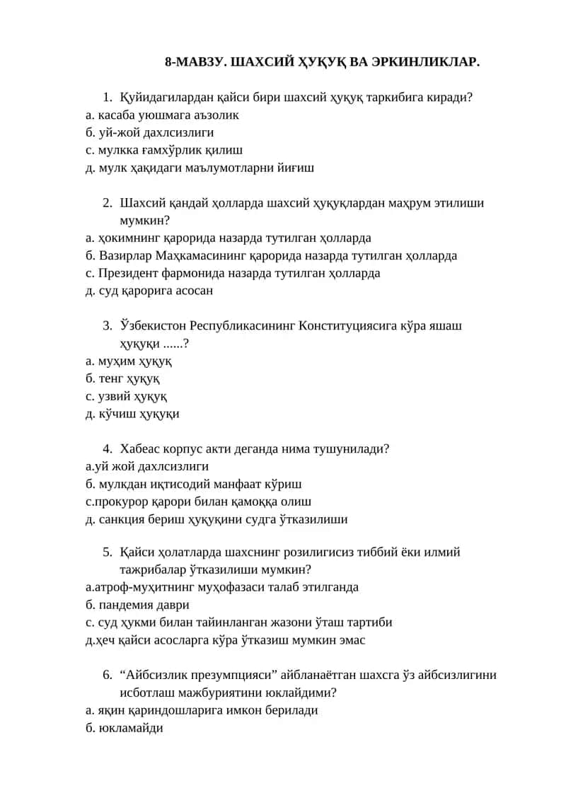 Шахсий Ҳуқуқ ва Эркинликлар