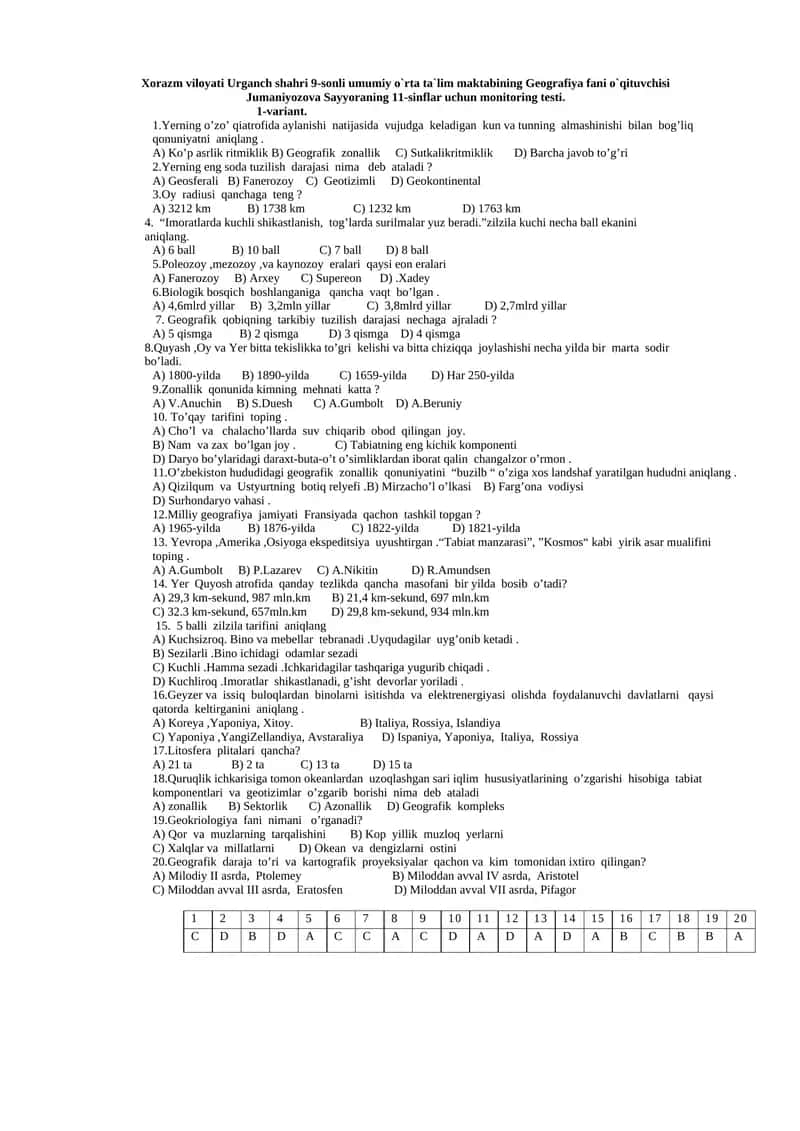 11-sinflar uchun monitoring testi
