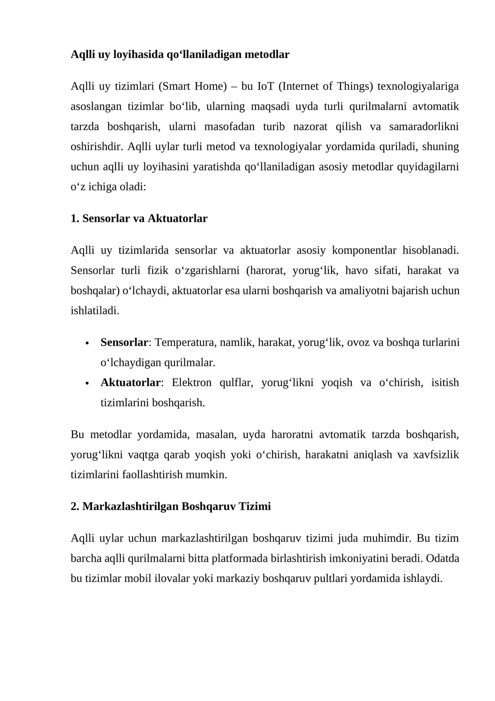 Aqlli uy loyihasida qo‘llaniladigan metodlar