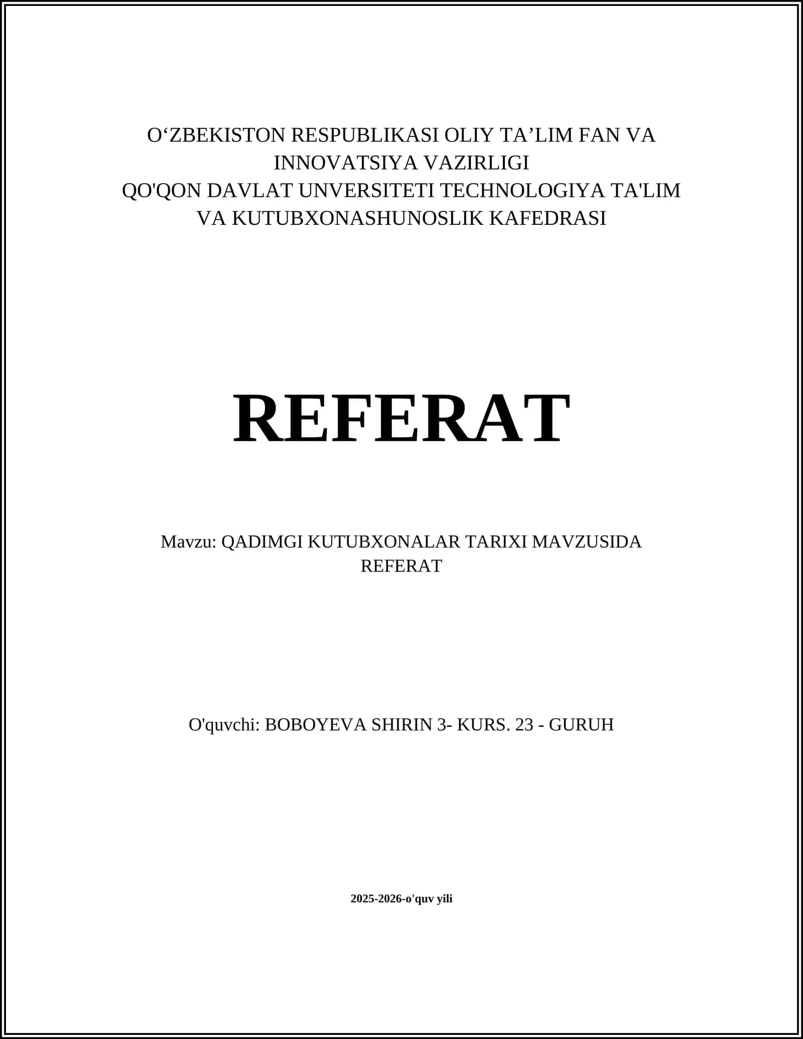 QADIMGI KUTUBXONALAR TARIXI MAVZUSIDA REFERAT