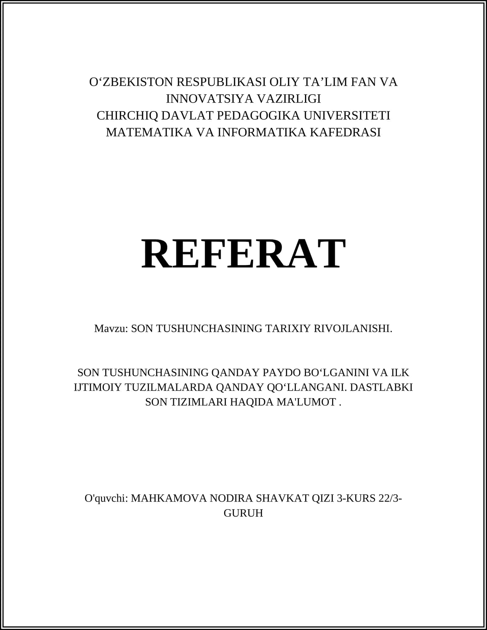 SON TUSHUNCHASINING TARIXIY RIVOJLANISHI