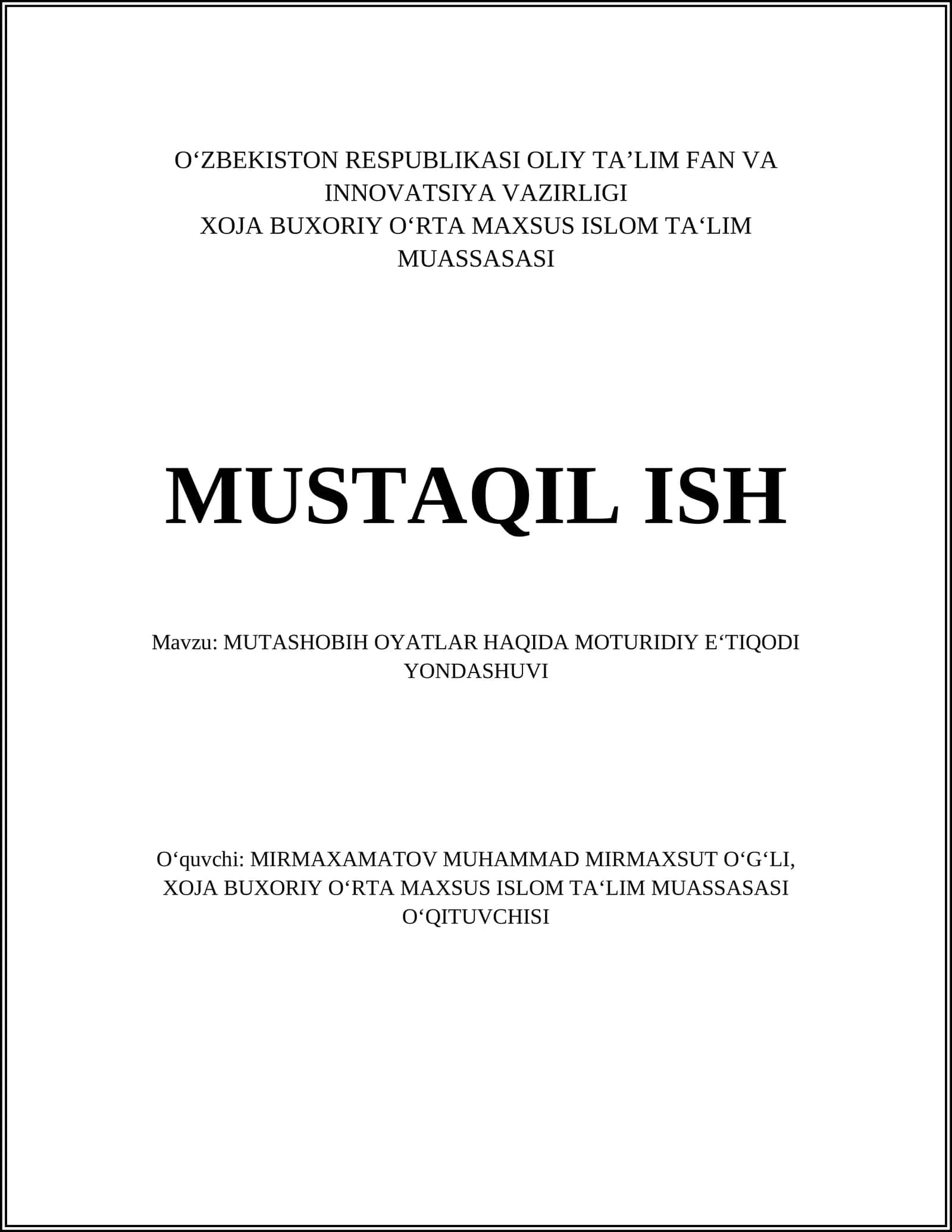 MUTASHOBIH OYATLAR HAQIDA MOTURIDIY E‘TIQODI YONDASHUVI