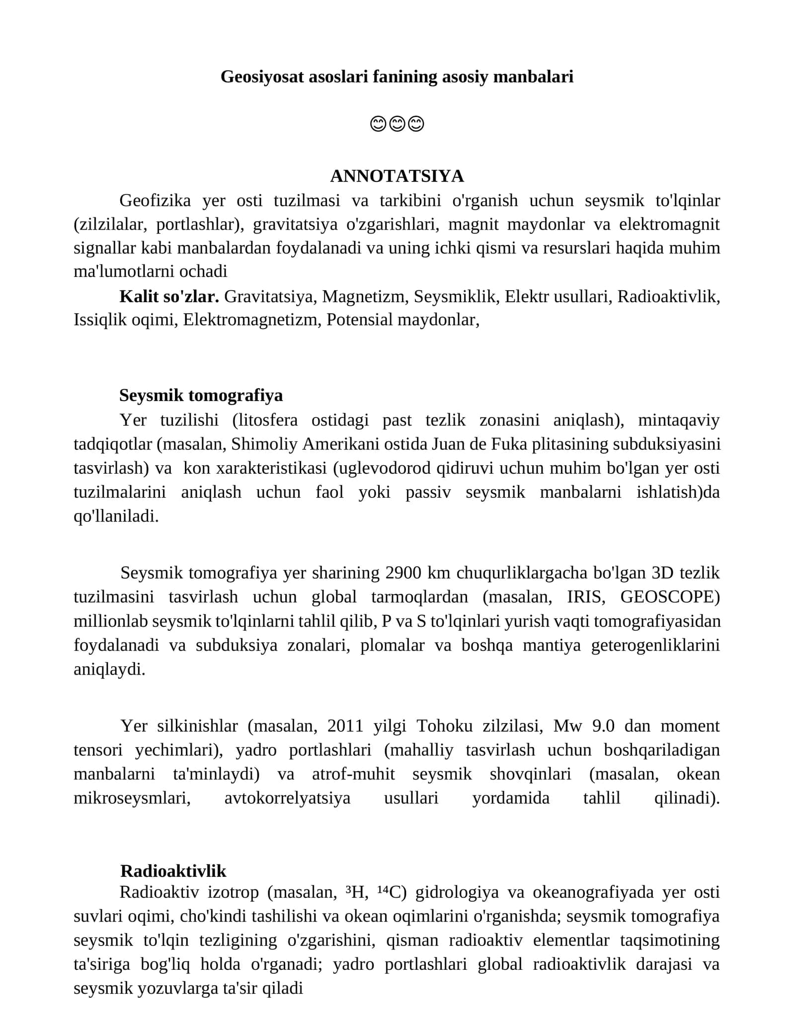 Geosiyosat asoslari fanining asosiy manbalari