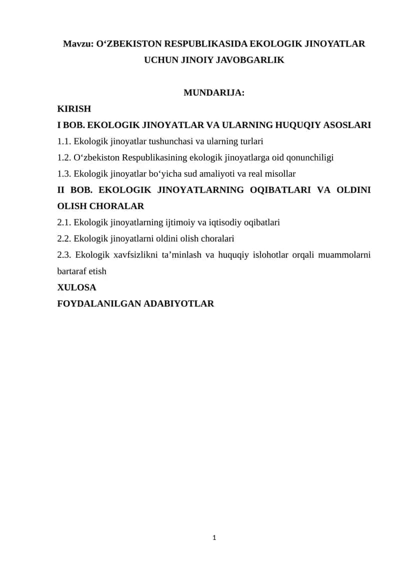 O‘ZBEKISTON RESPUBLIKASIDA EKOLOGIK JINOYATLAR UCHUN JINOIY JAVOBGARLIK
