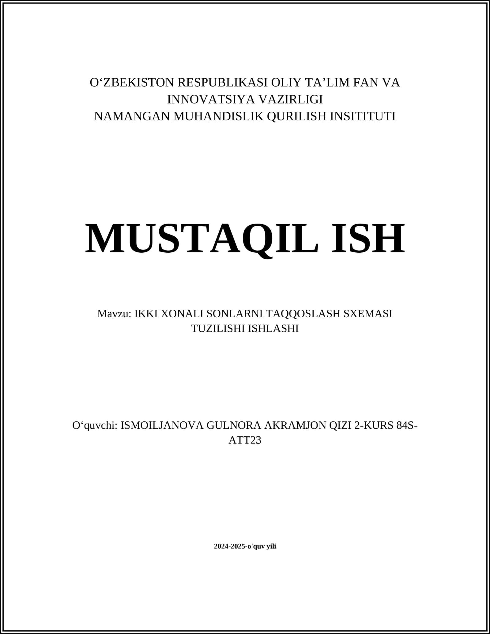IKKI XONALI SONLARNI TAQQOSLASH SXEMASI