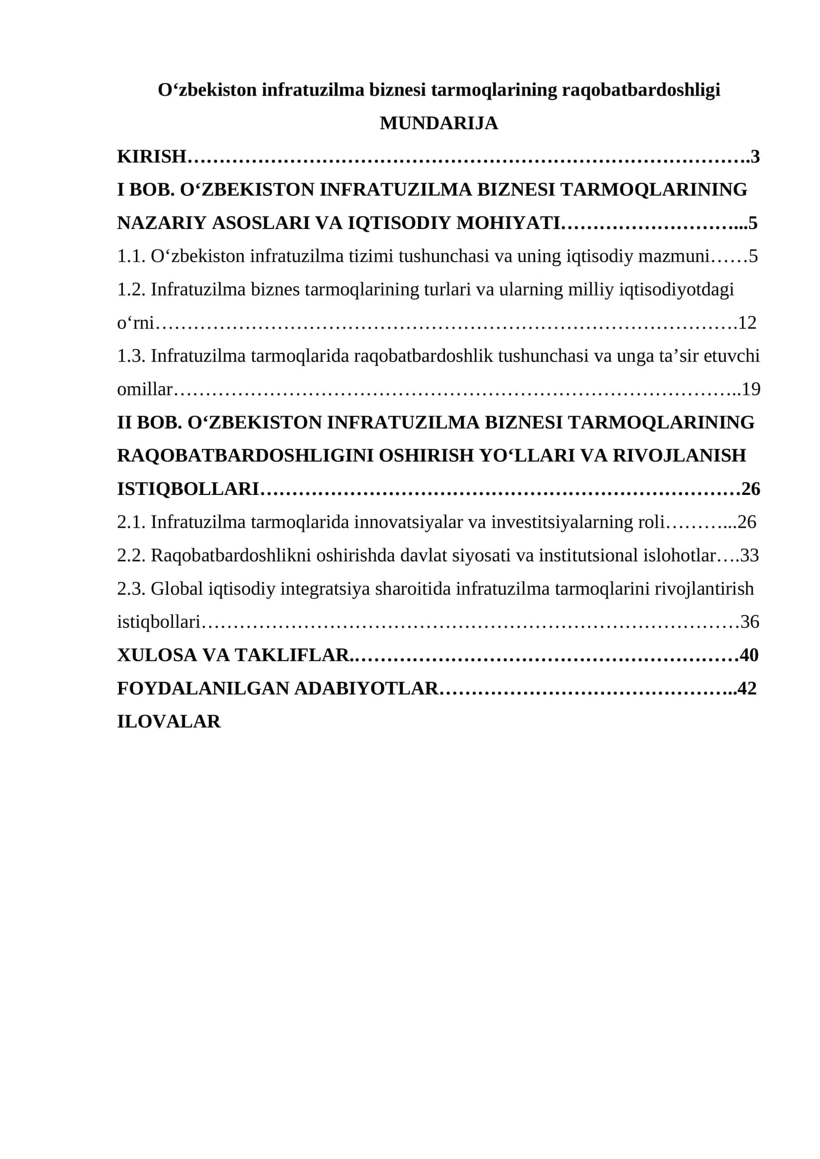 O‘zbekiston infratuzilma biznesi tarmoqlarining raqobatbardoshligi