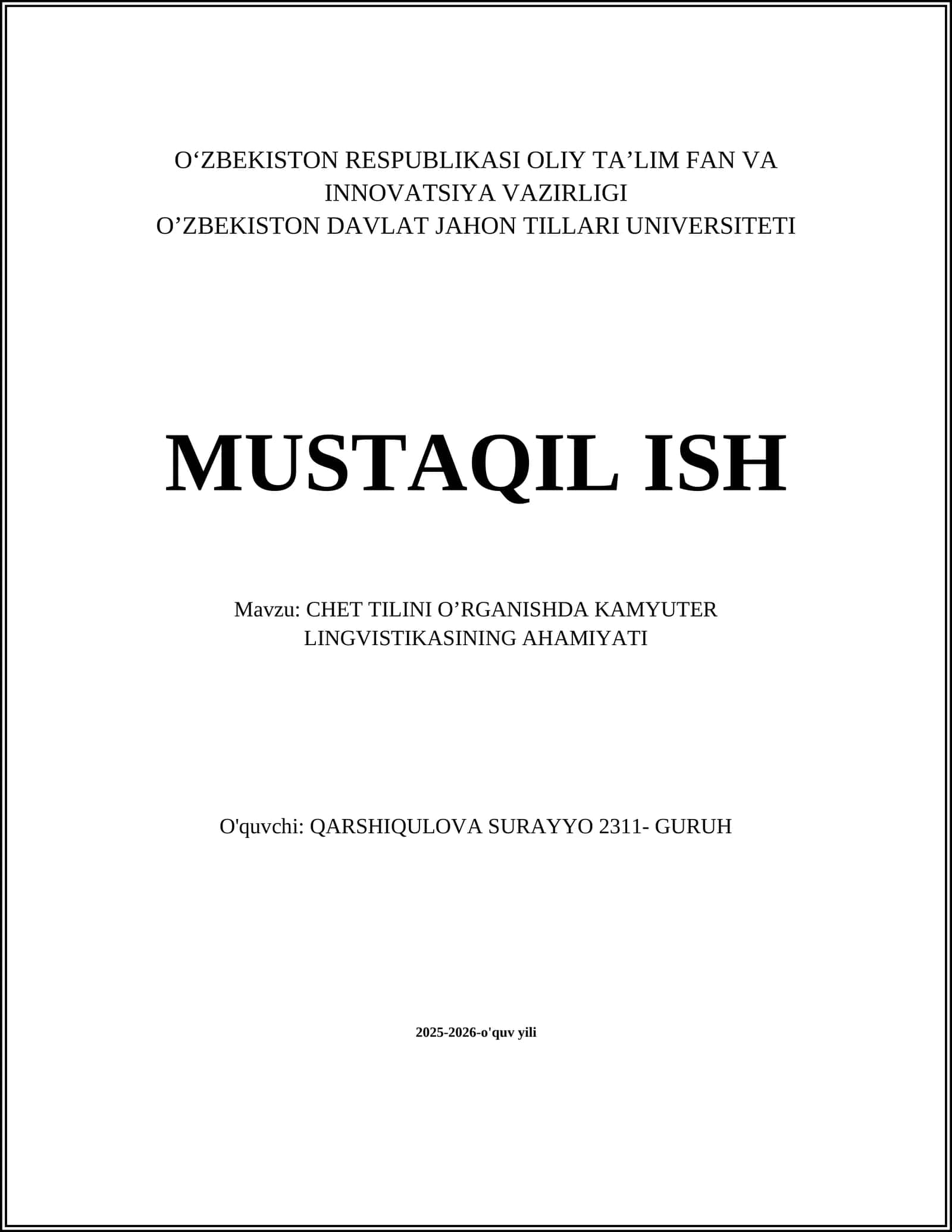 CHET TILINI O’RGANISHDA KAMYUTER LINGVISTIKASINING AHAMIYATI