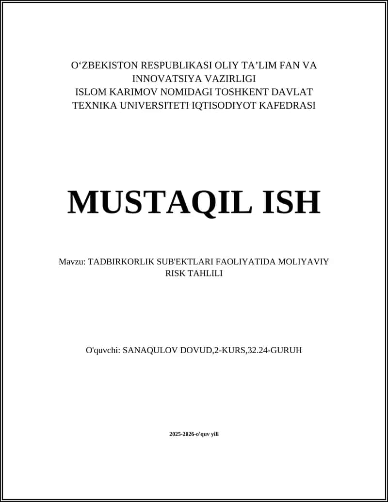 TADBIRKORLIK SUB'EKTLARI FAOLIYATIDA MOLIYAVIY RISK TAHLILI
