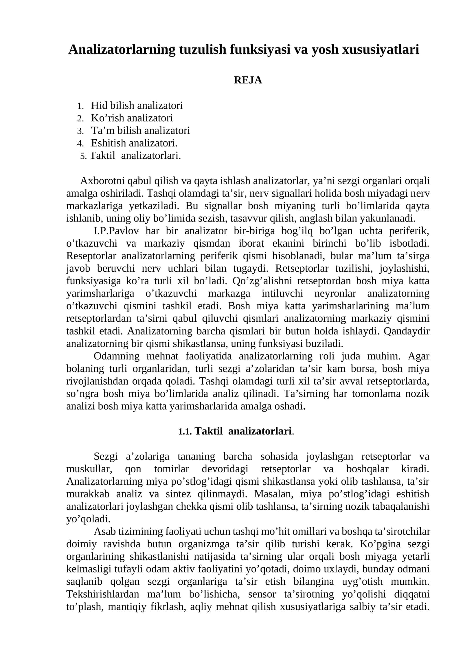 Analizatorlarning tuzulish funksiyasi va yosh xususiyatlari
