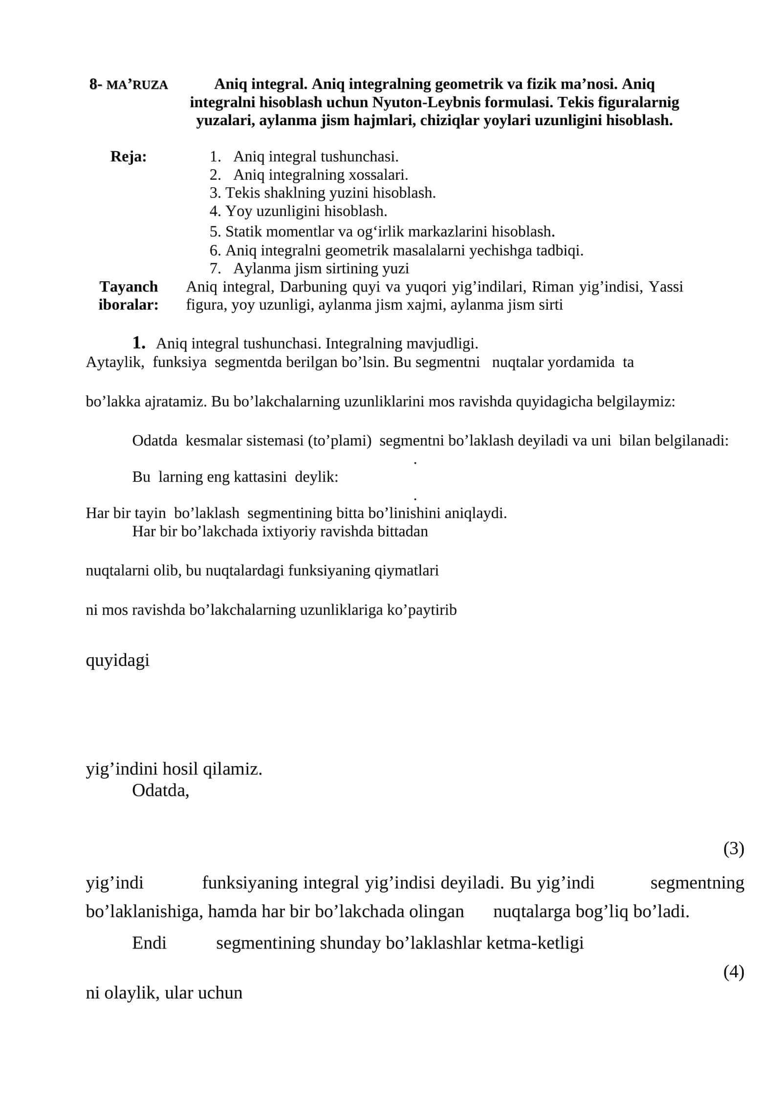 Aniq integralning geometrik va fizik ma’nosi