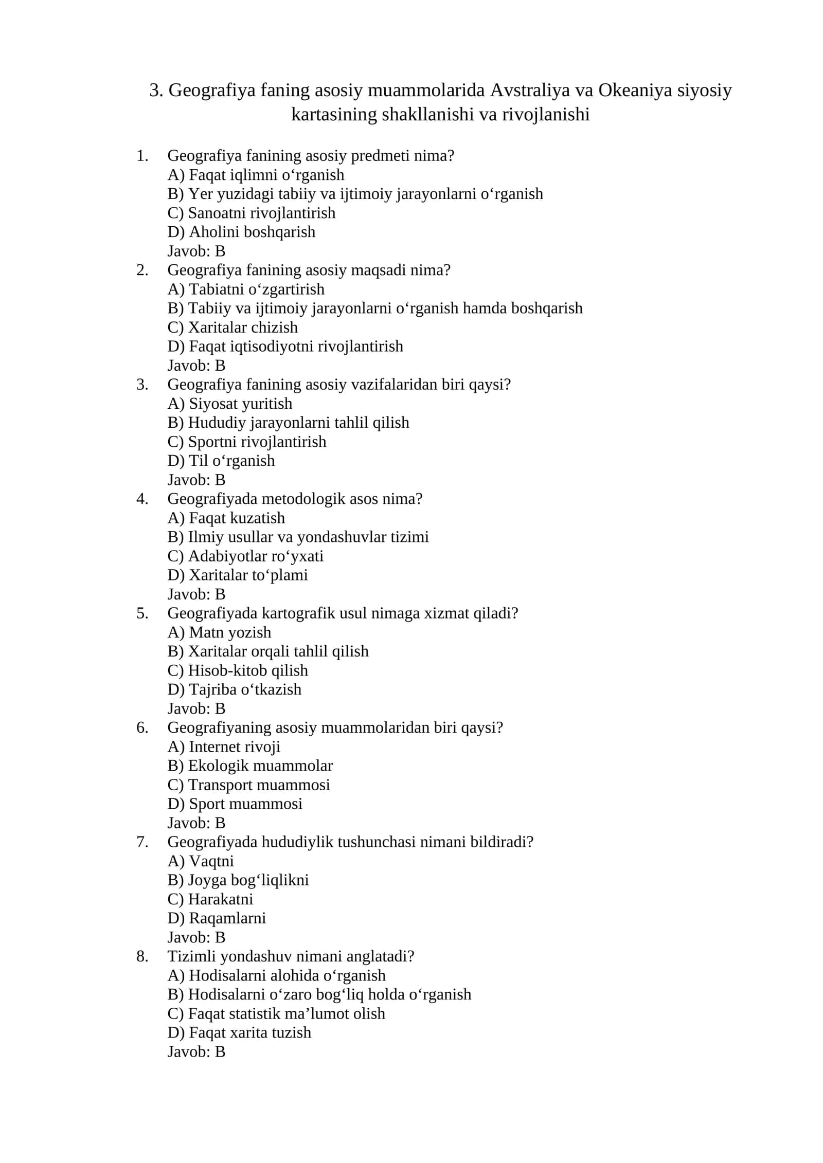 Geografiya faning asosiy muammolarida Avstraliya va Okeaniya siyosiy kartasining shakllanishi va rivojlanishi